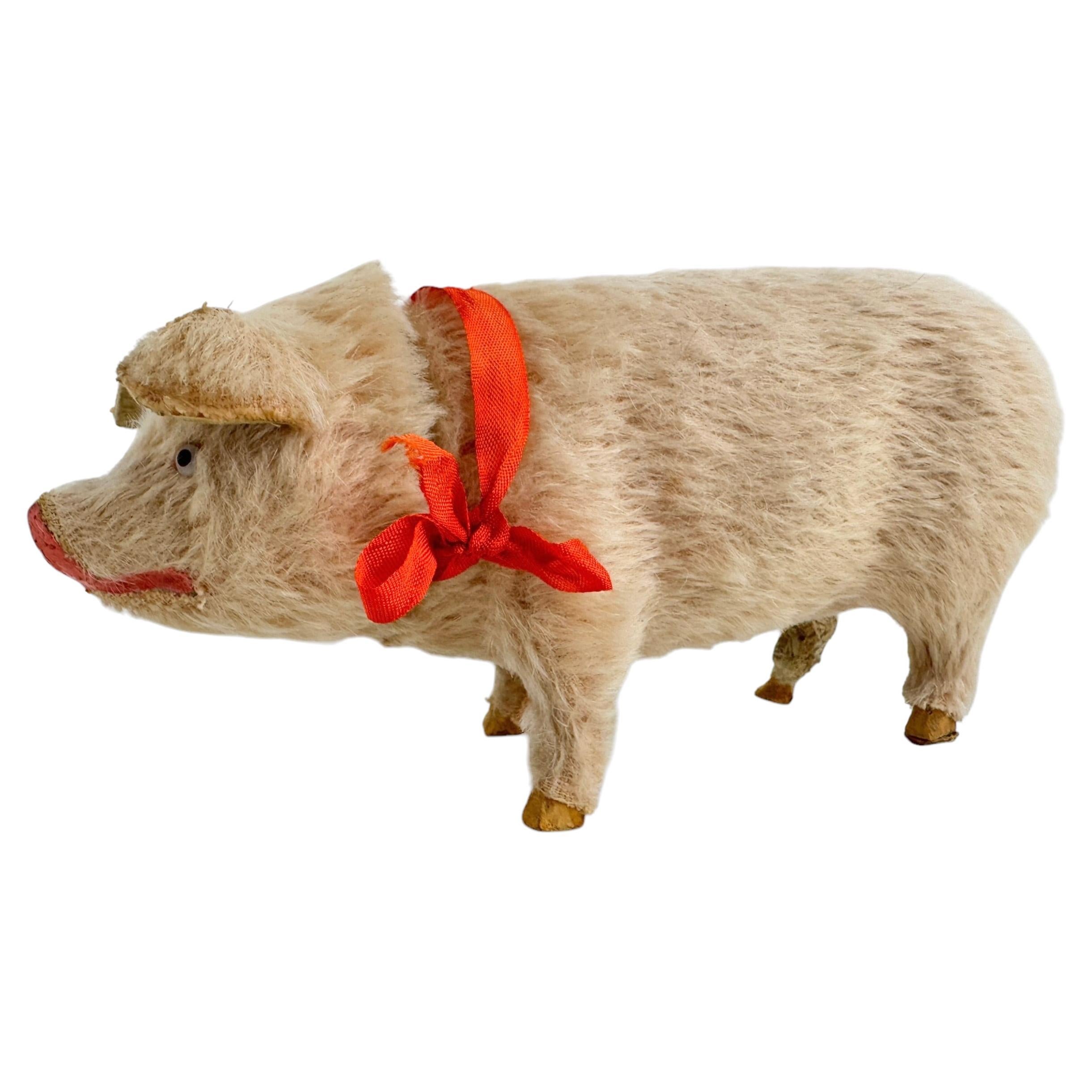 Pink Pig Lucky Charm Mohair Composition Candy Container, Antique, Austria, 1900s