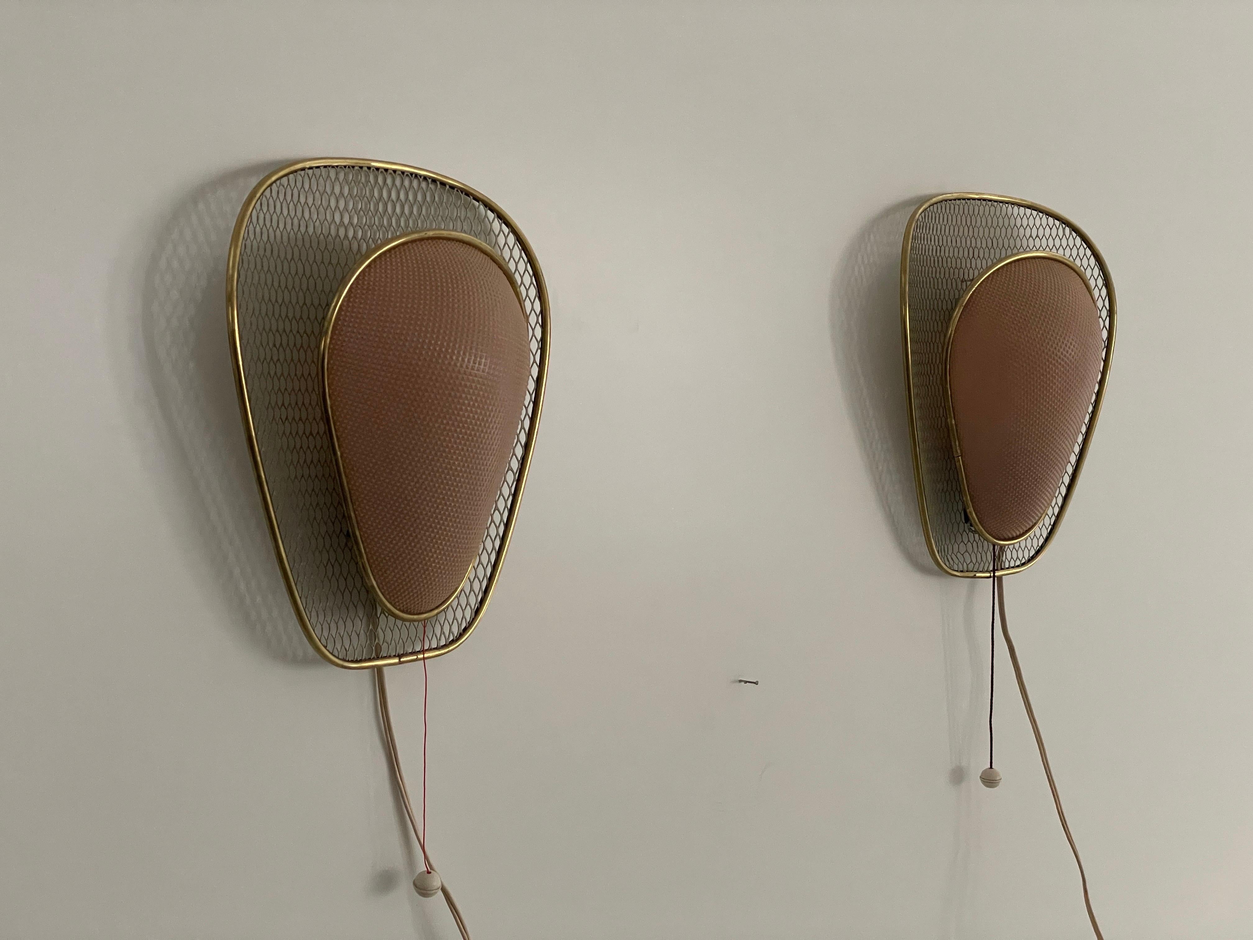 Mid-Century Modern Pink Plastic and Gold Metal Pair of Sconces by Erco, 1950s, Germany For Sale