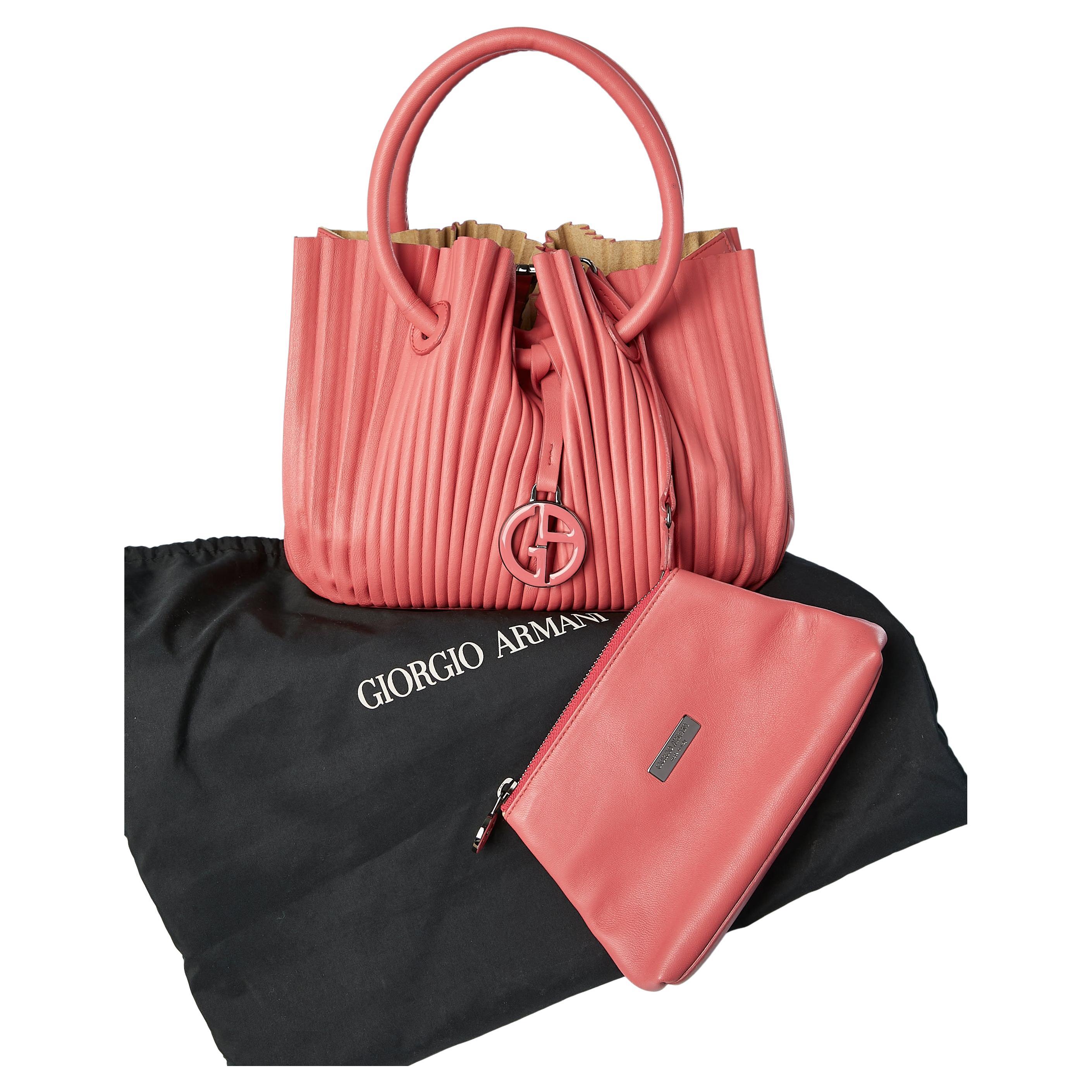 Pink pleated leather hand-bag with pouch  Giorgio Armani  For Sale