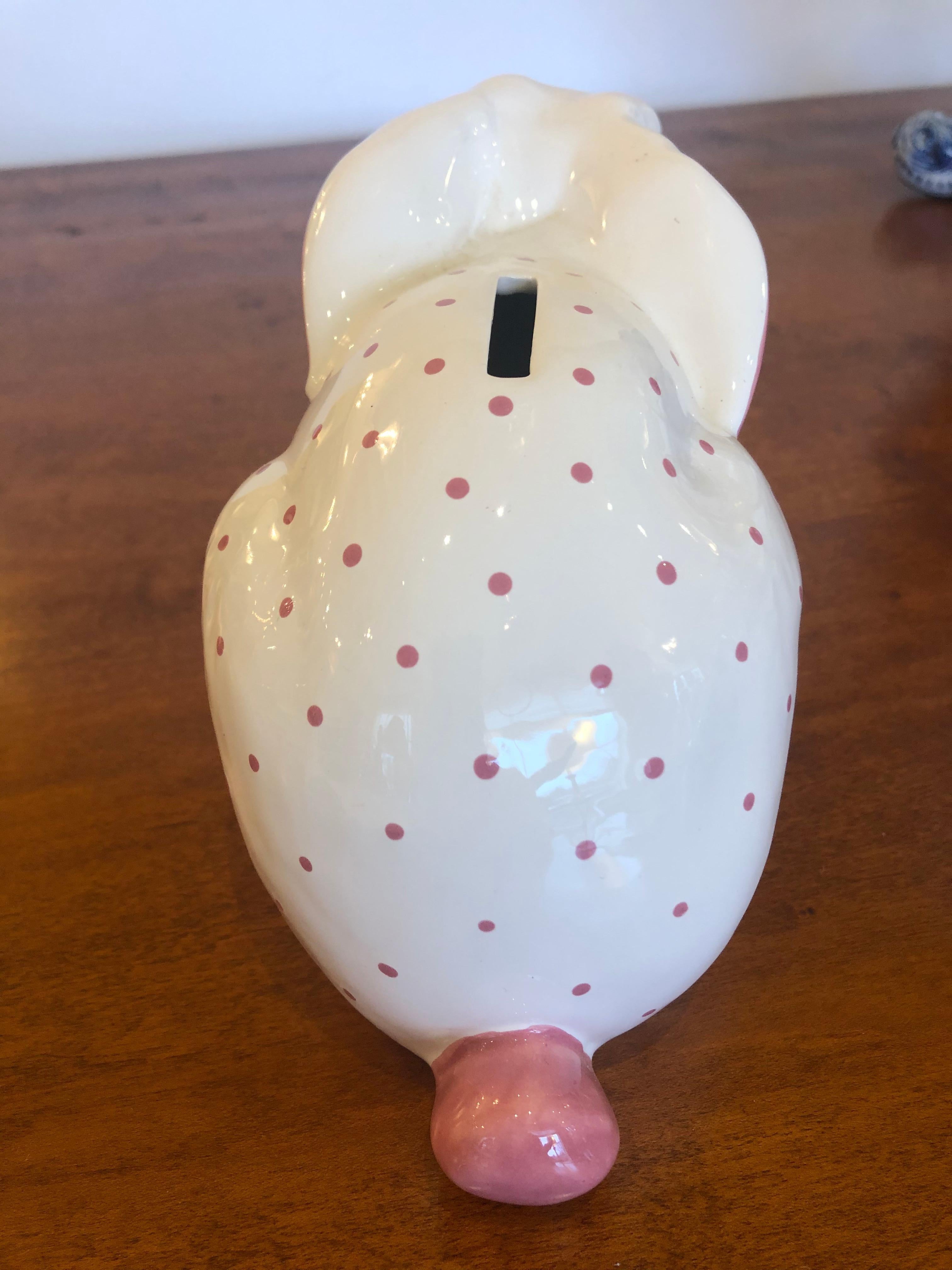 Pink Polka Dot Tiffany Bunny Rabbit Bank In Good Condition In Hopewell, NJ