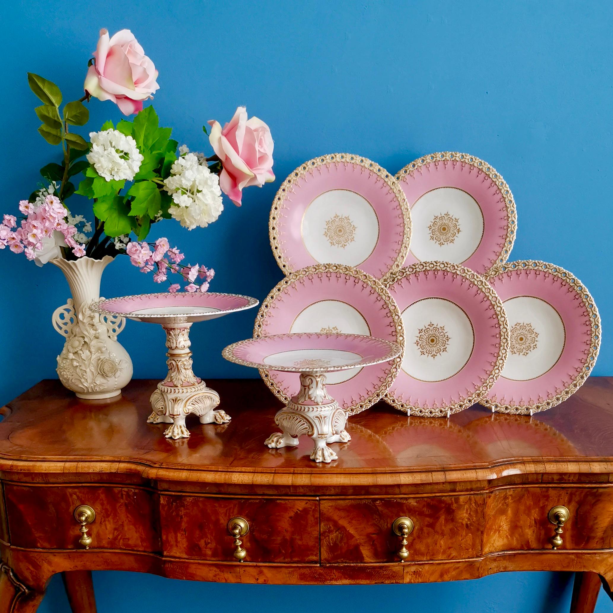 This is a beautiful pink dessert service made by an unknown factory in Staffordshire, England in the second half of the 19th century.

It is believed that in the 19th century there were as many as 300 potteries in Staffordshire alone. Many were of