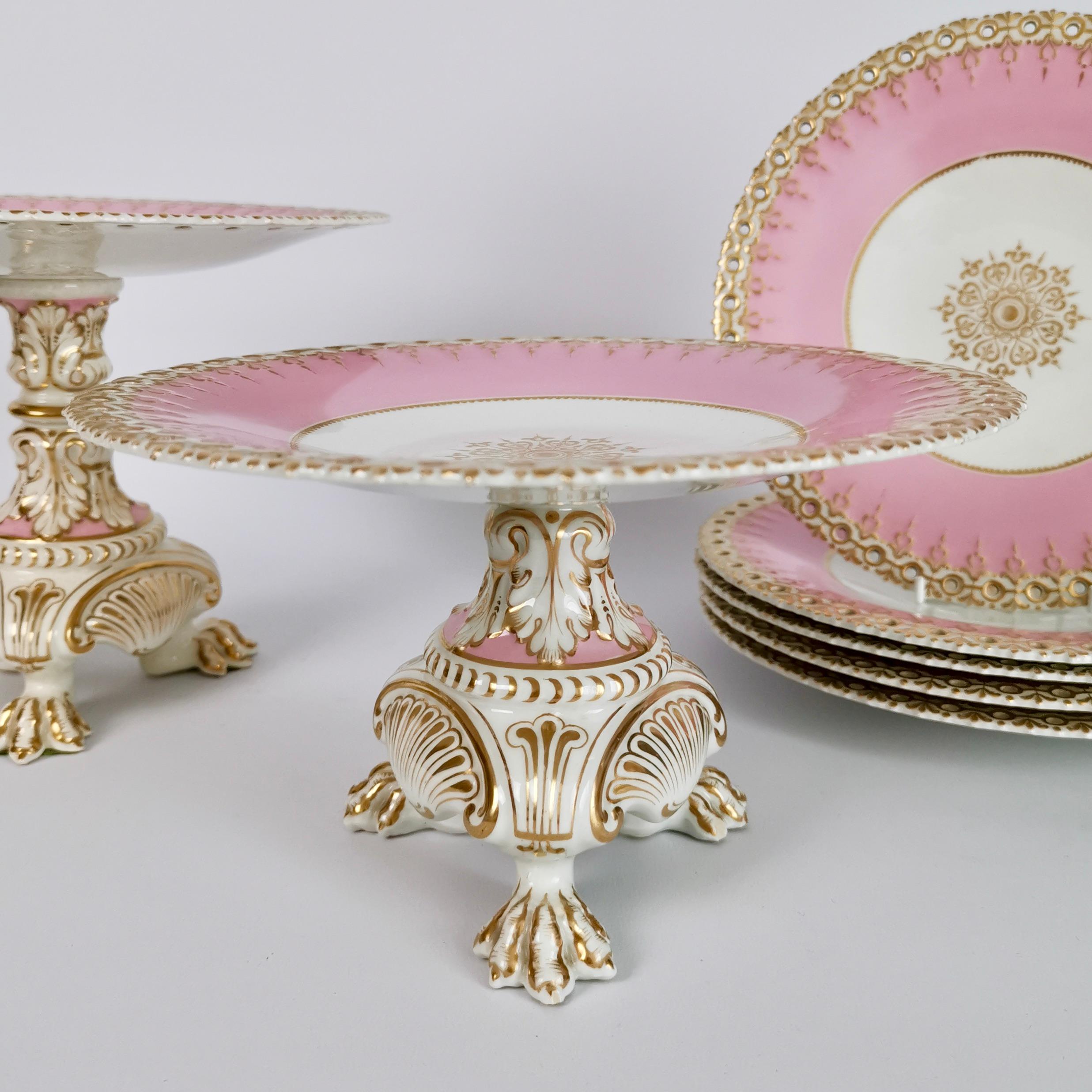 English Pink Porcelain Dessert Service, Spectacular Claw-Footed Tazzas, Victorian