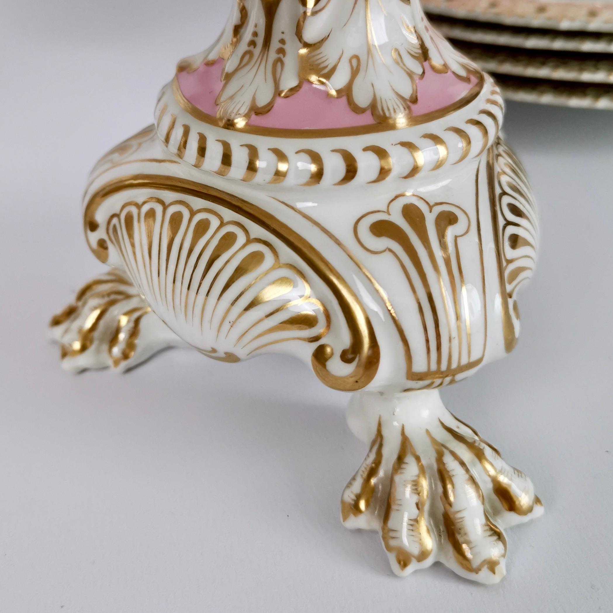 Pink Porcelain Dessert Service, Spectacular Claw-Footed Tazzas, Victorian 1