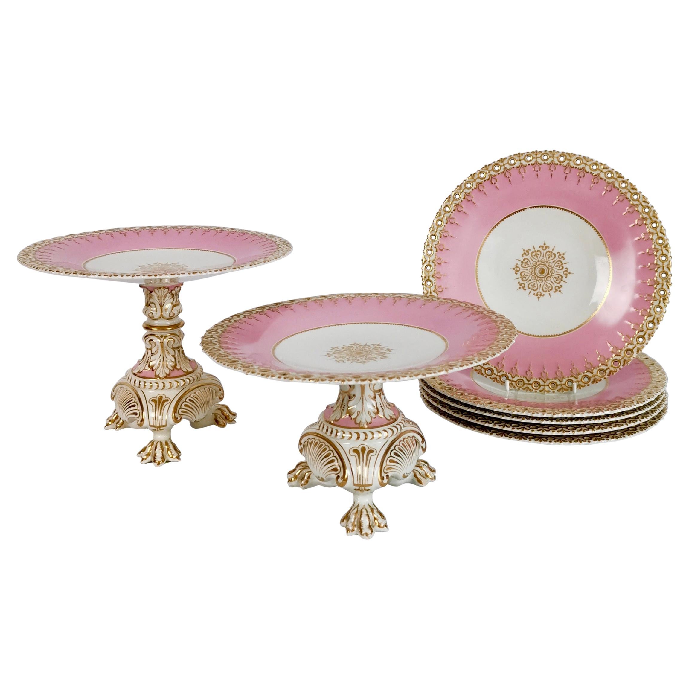 Pink Porcelain Dessert Service, Spectacular Claw-Footed Tazzas, Victorian