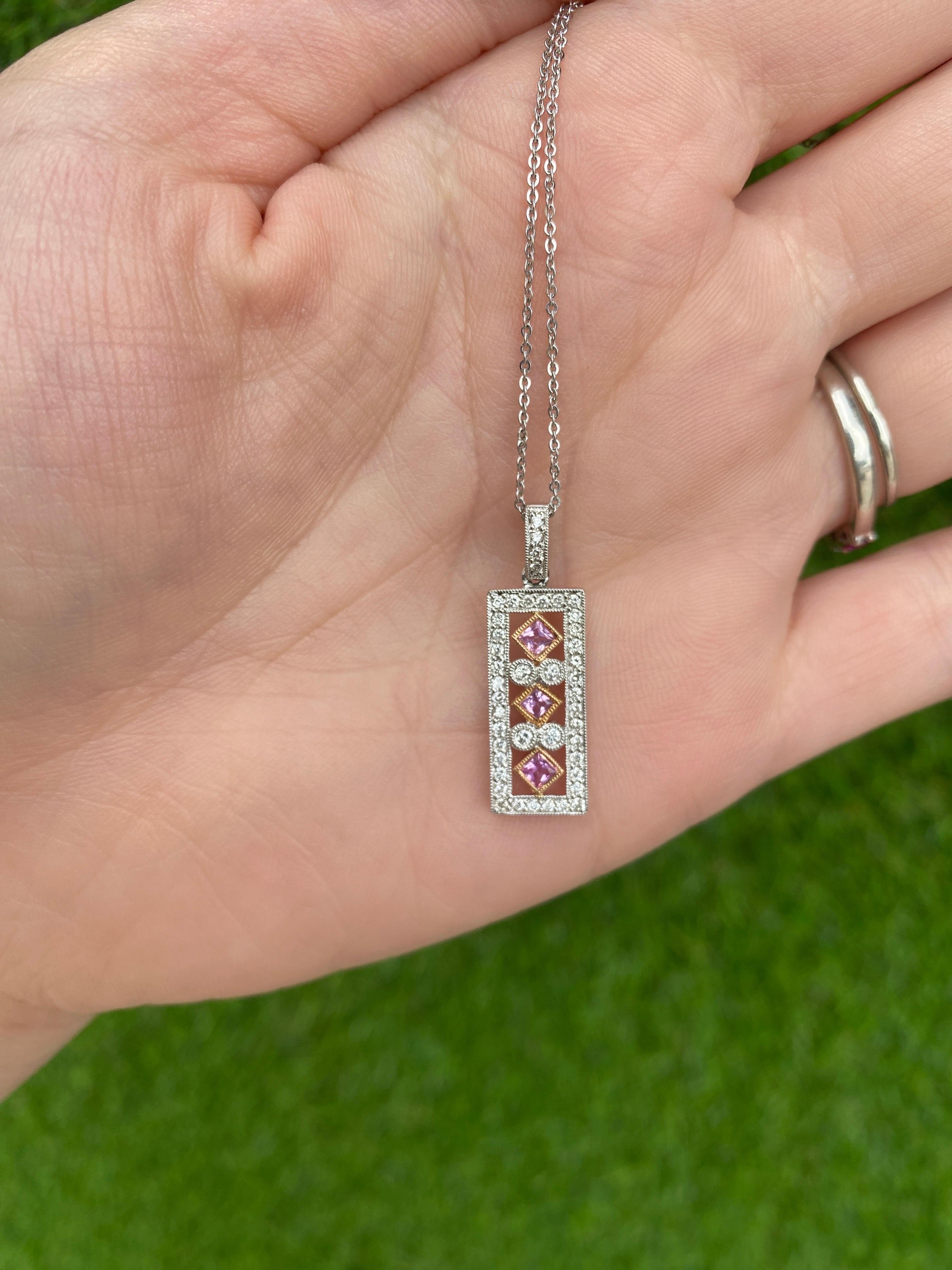Pink Princess Cut Sapphire and Round Diamond 14k White Gold Pendant Necklace For Sale 6