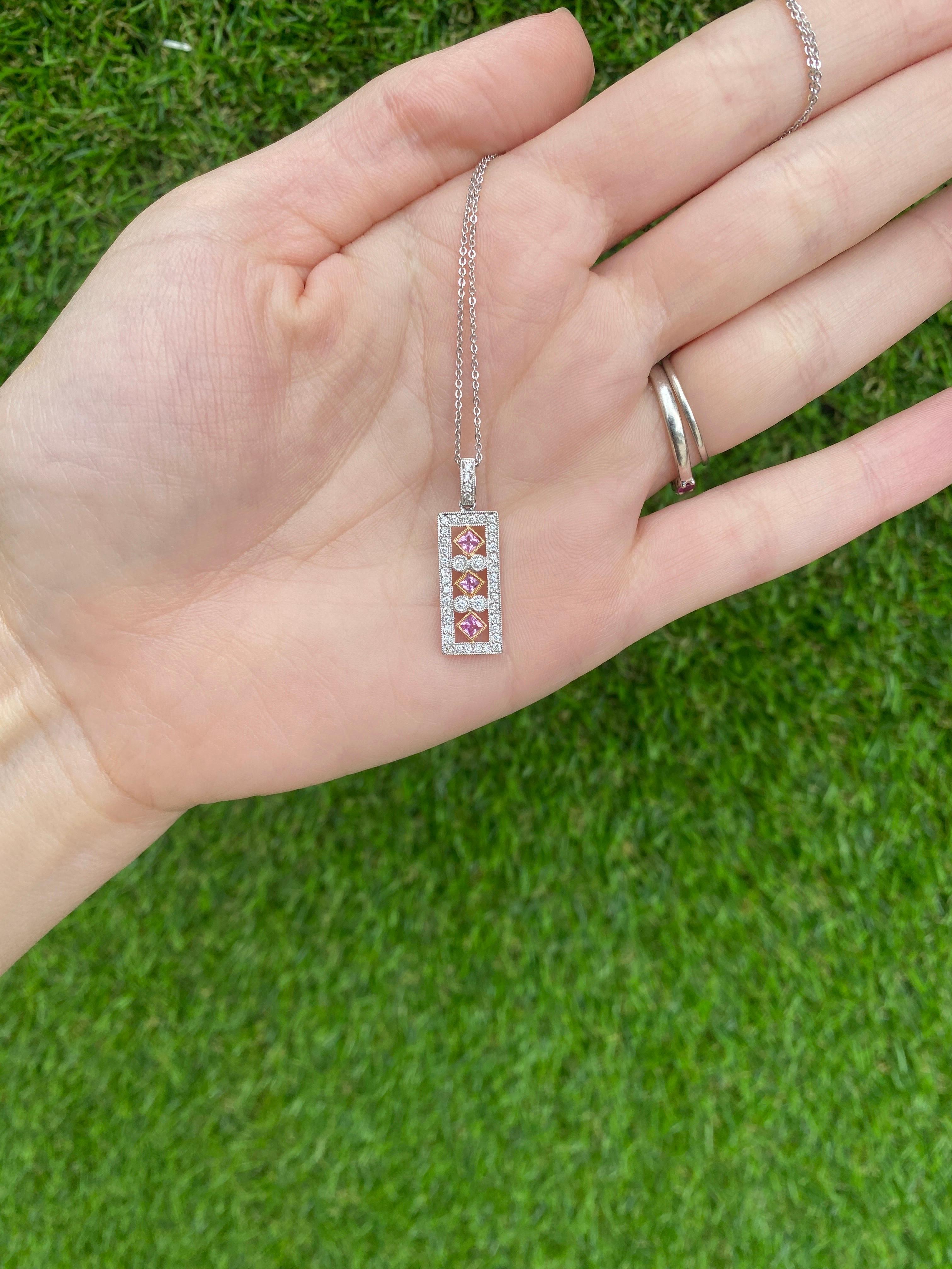 Pink Princess Cut Sapphire and Round Diamond 14k White Gold Pendant Necklace For Sale 7