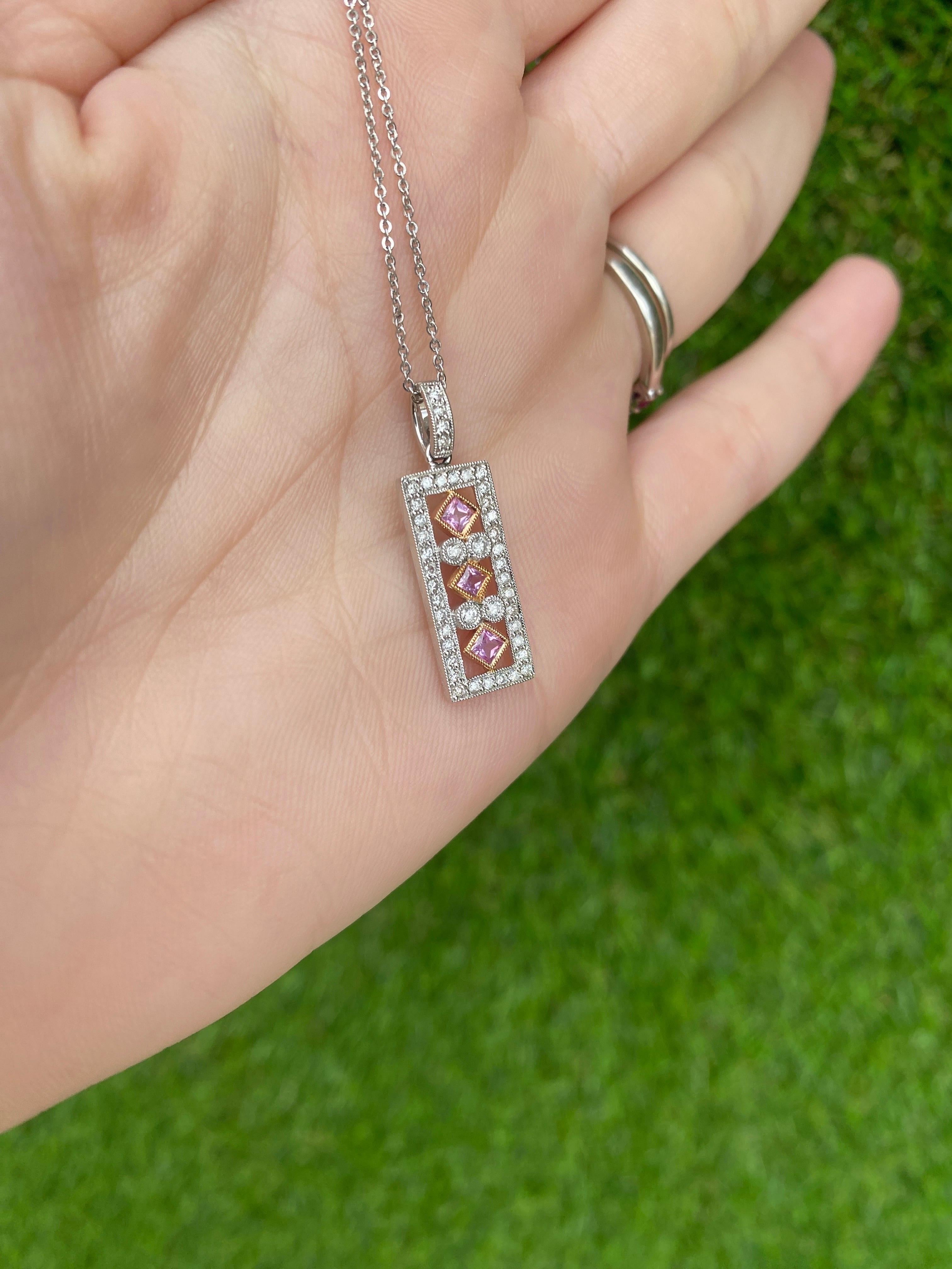 Pink Princess Cut Sapphire and Round Diamond 14k White Gold Pendant Necklace For Sale 8