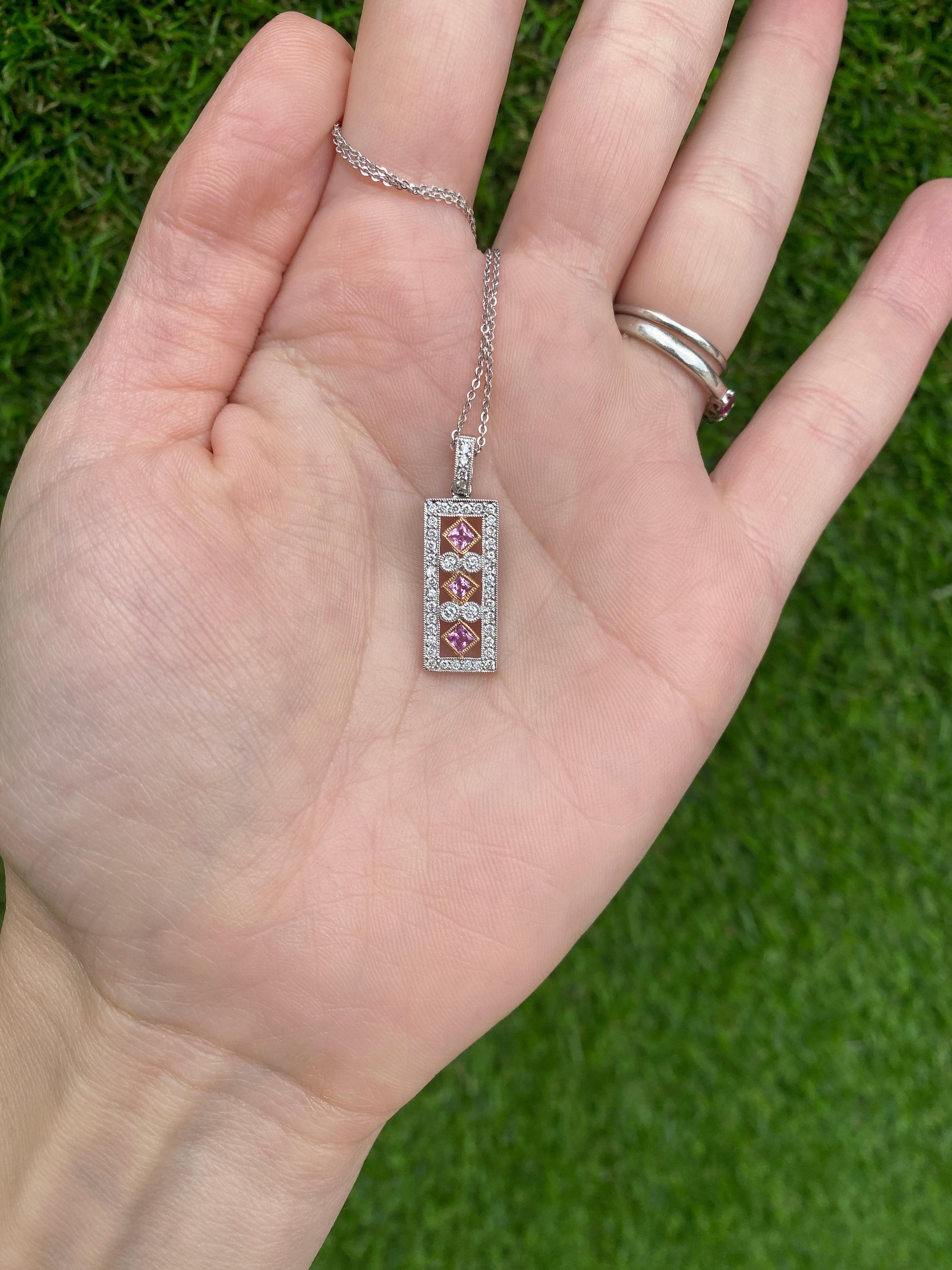 Women's or Men's Pink Princess Cut Sapphire and Round Diamond 14k White Gold Pendant Necklace For Sale