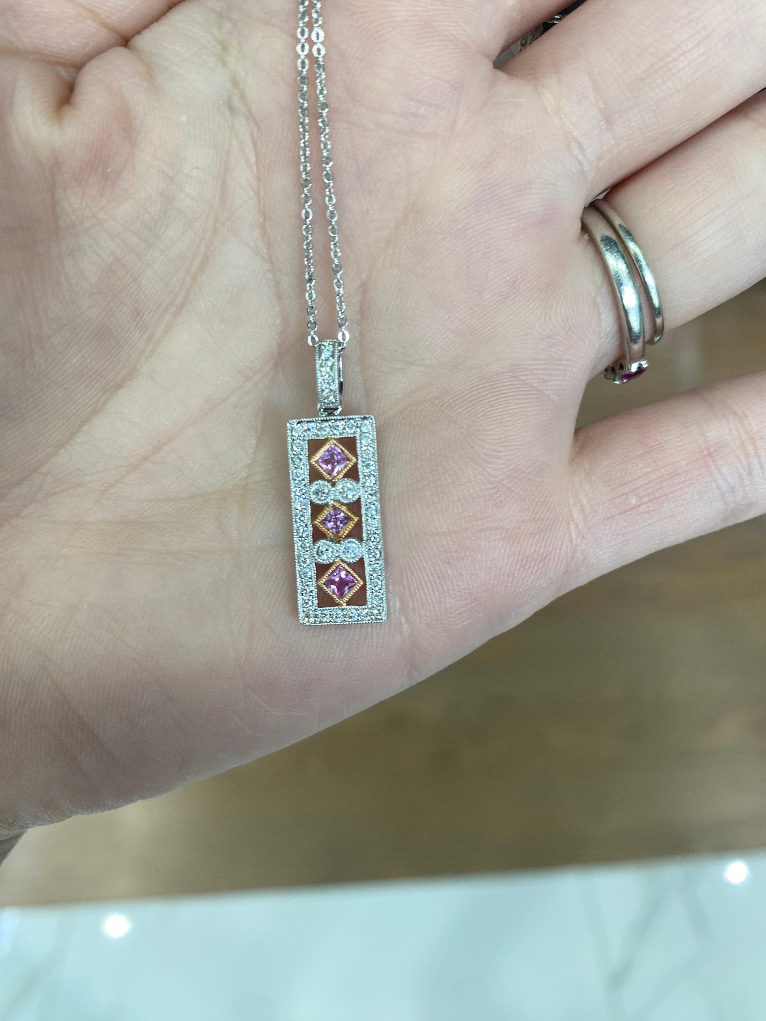 Pink Princess Cut Sapphire and Round Diamond 14k White Gold Pendant Necklace For Sale 2