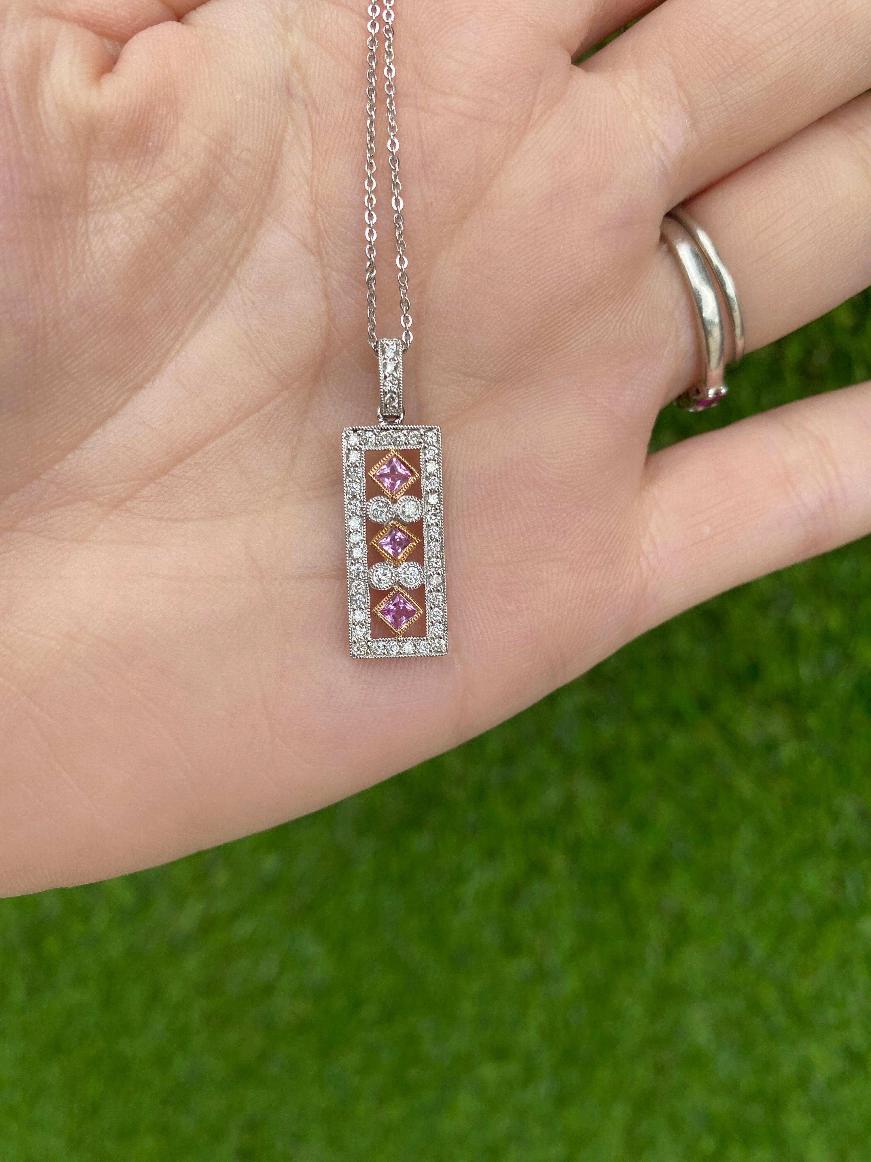 Pink Princess Cut Sapphire and Round Diamond 14k White Gold Pendant Necklace For Sale 4