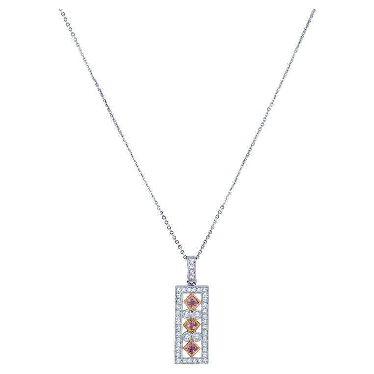 Pink Princess Cut Sapphire and Round Diamond 14k White Gold Pendant Necklace For Sale