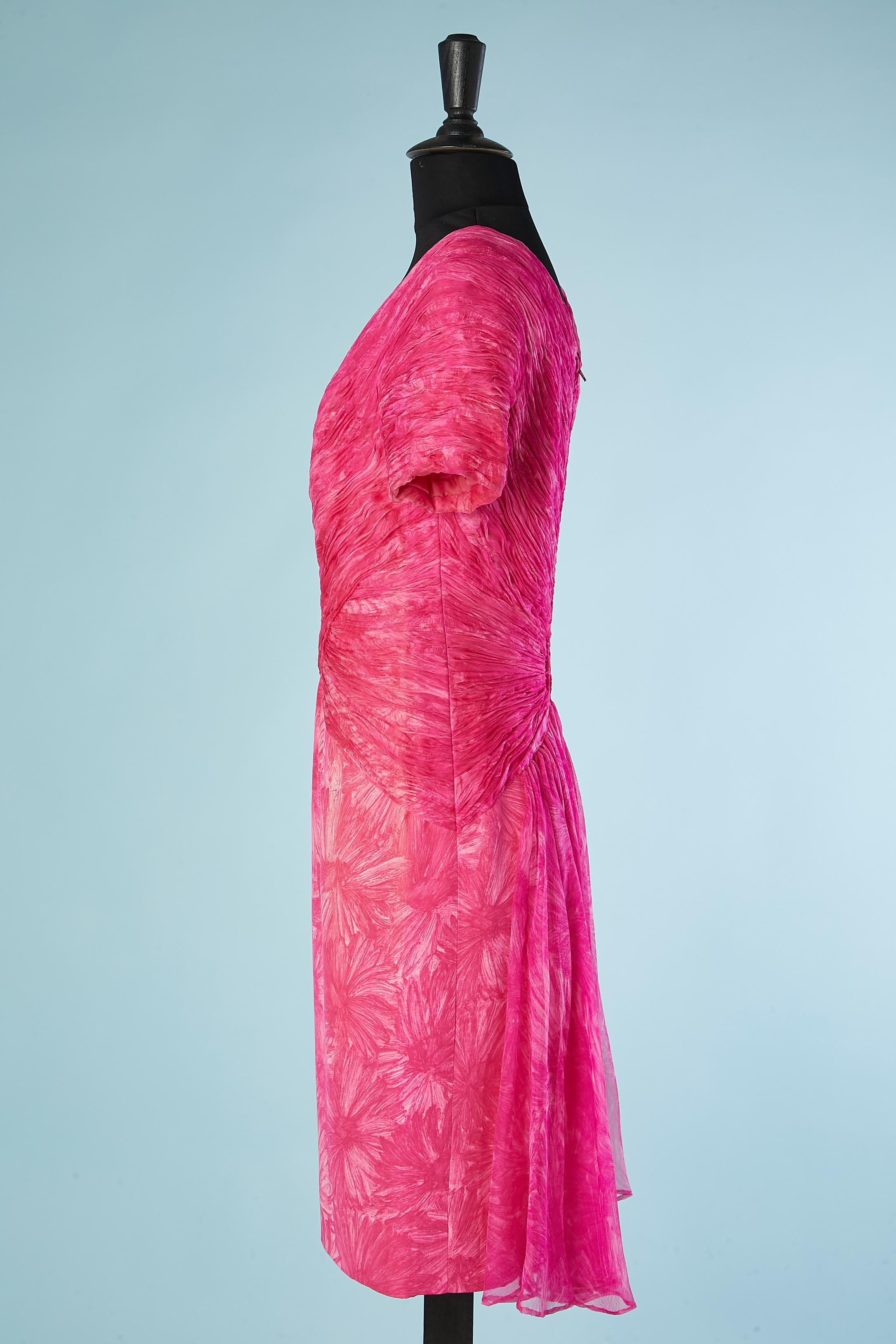 Women's Pink printed chiffon flower cocktail dress drape on the bust Fabrizio Roma For Sale