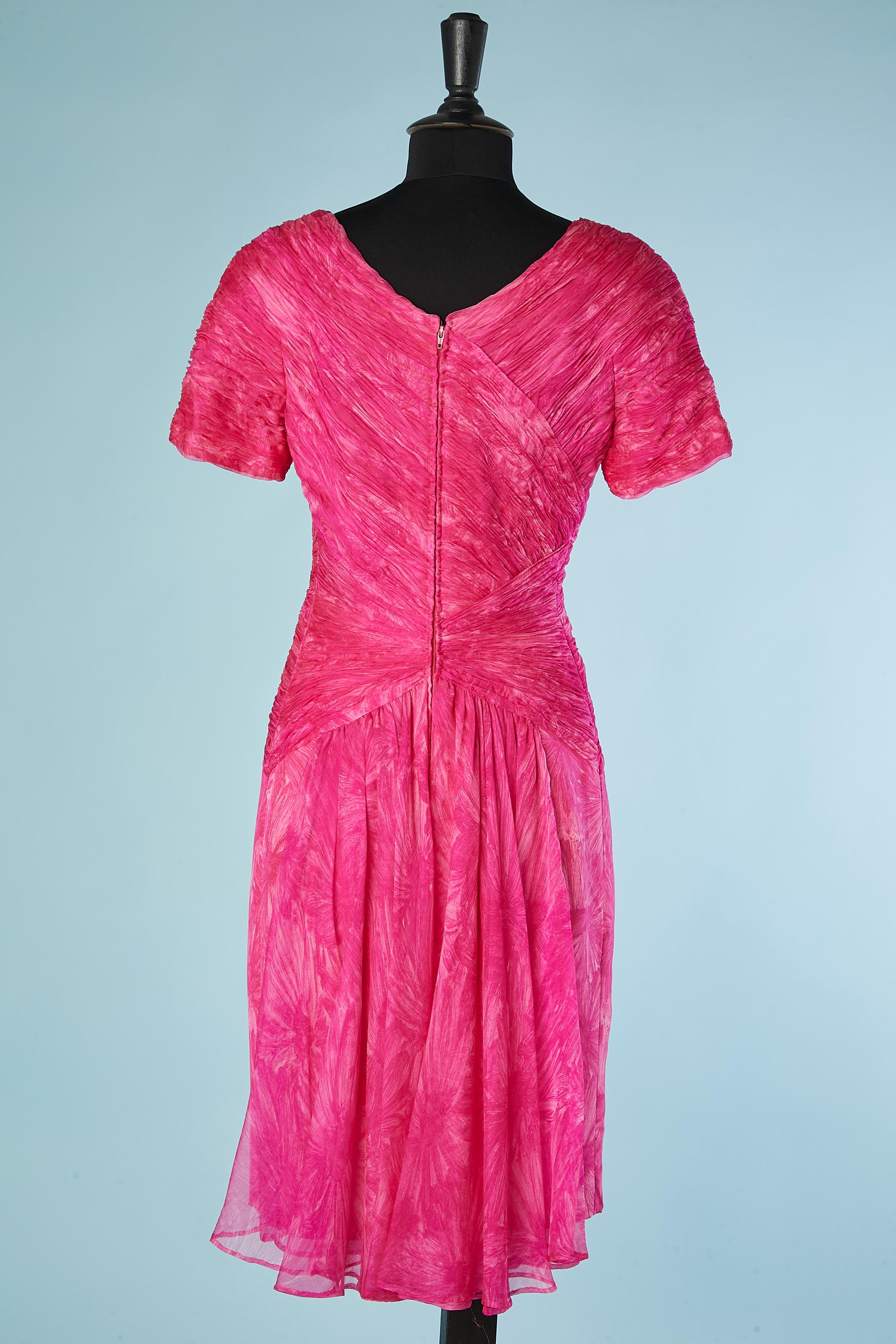 Pink printed chiffon flower cocktail dress drape on the bust Fabrizio Roma  For Sale 1