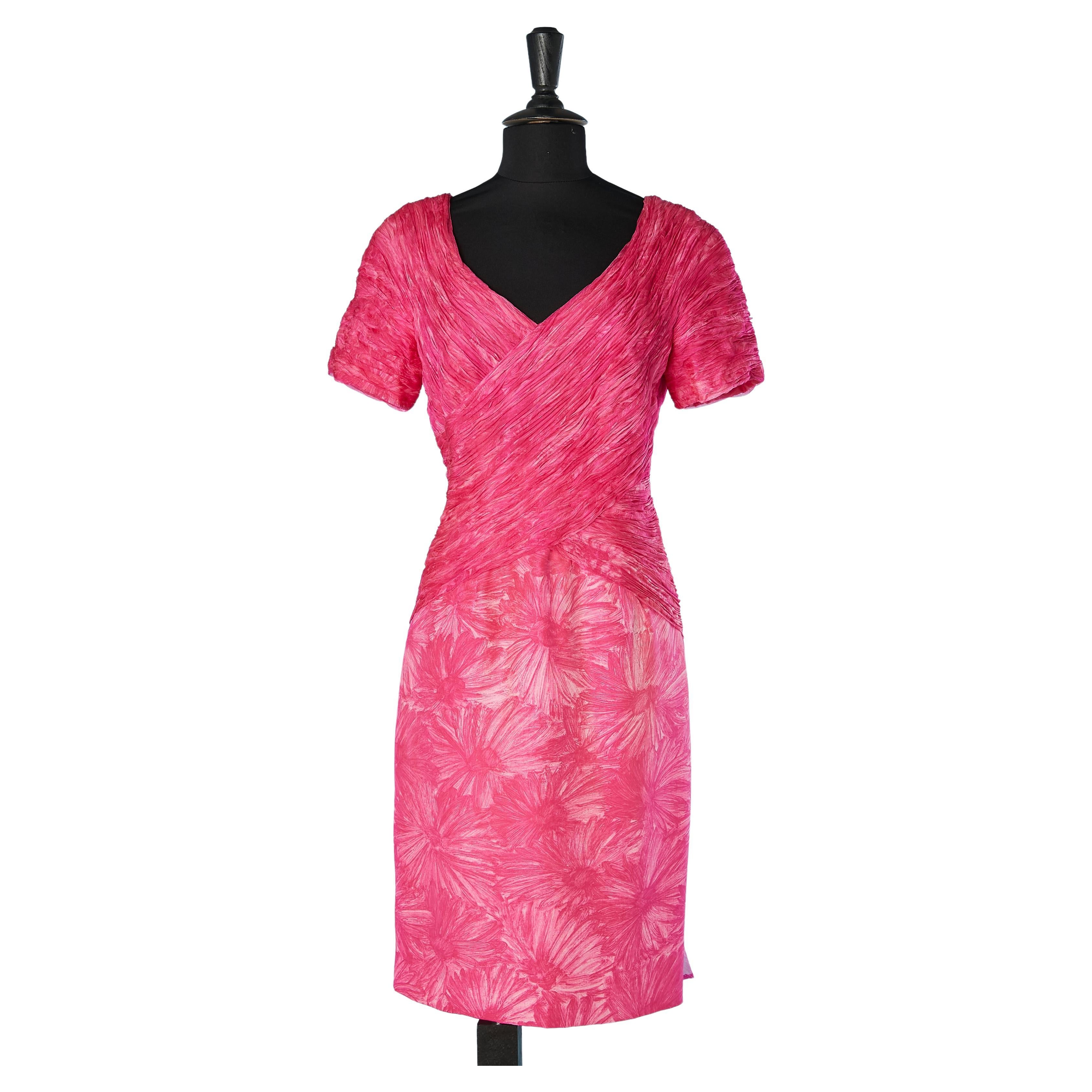 Pink printed chiffon flower cocktail dress drape on the bust Fabrizio Roma  For Sale