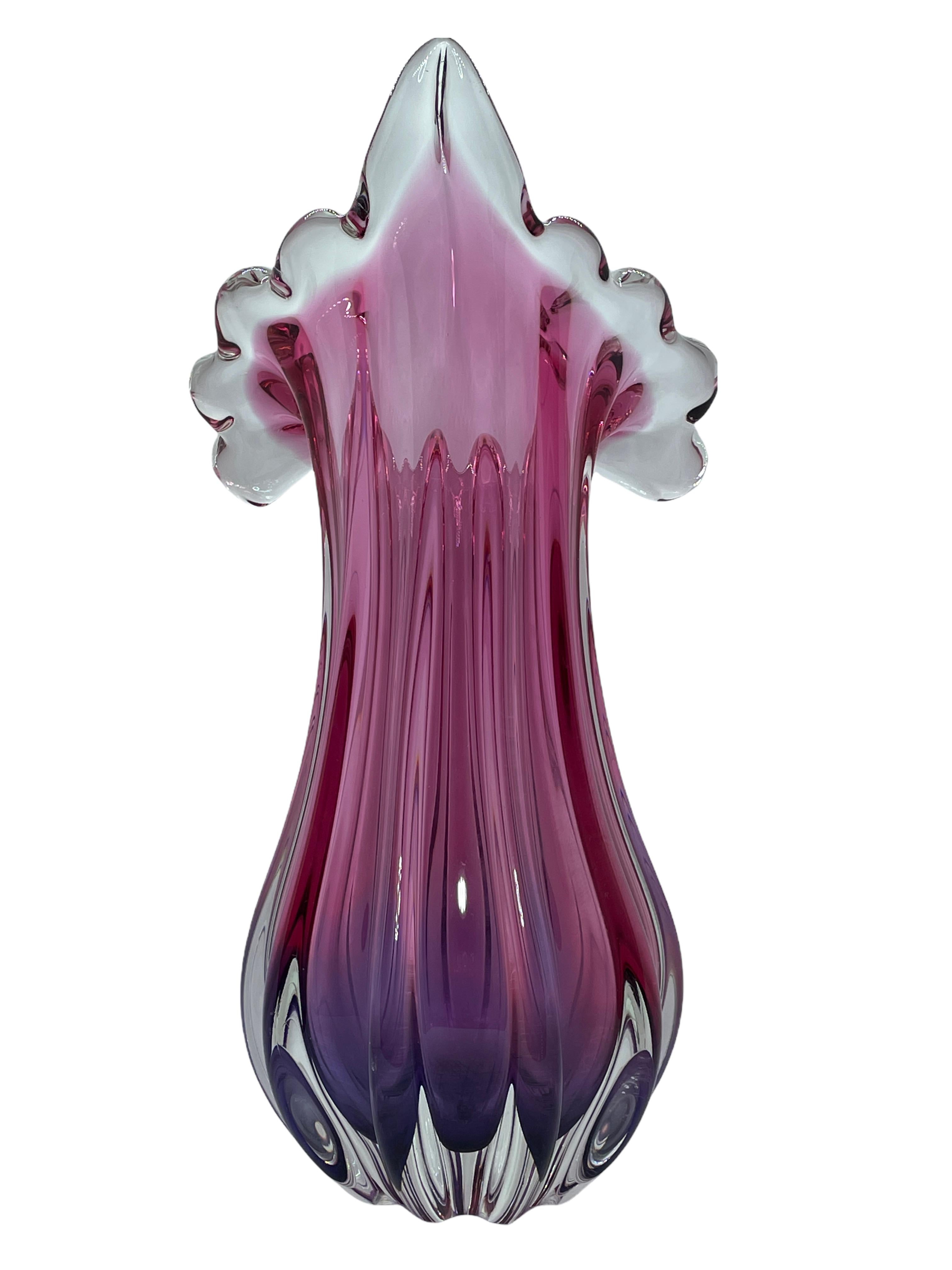 Mid-Century Modern Pink Purple Clear Sommerso Art Glass Vase Object Sculpture Murano, Italy, 1970s
