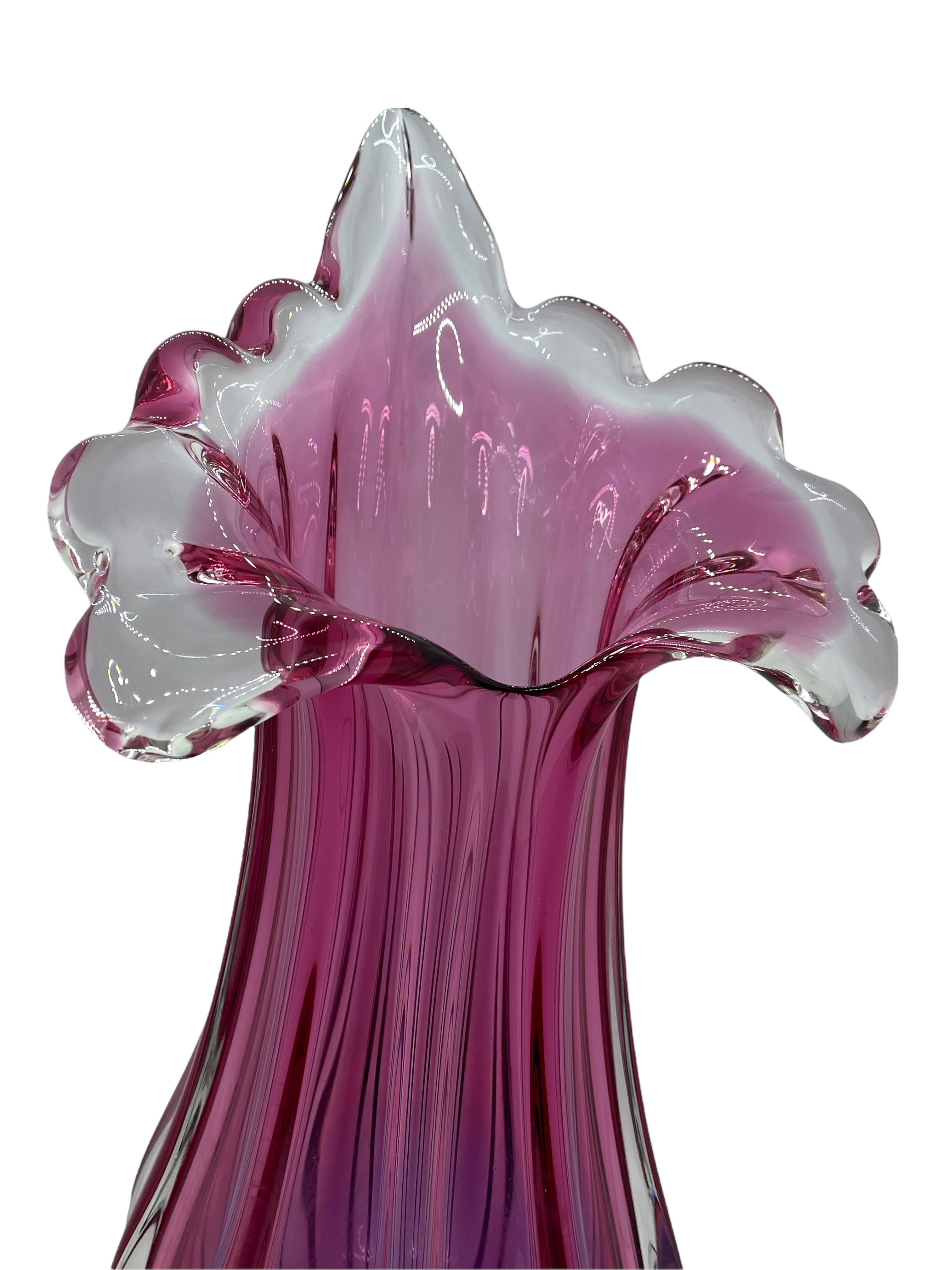 Hand-Crafted Pink Purple Clear Sommerso Art Glass Vase Object Sculpture Murano, Italy, 1970s