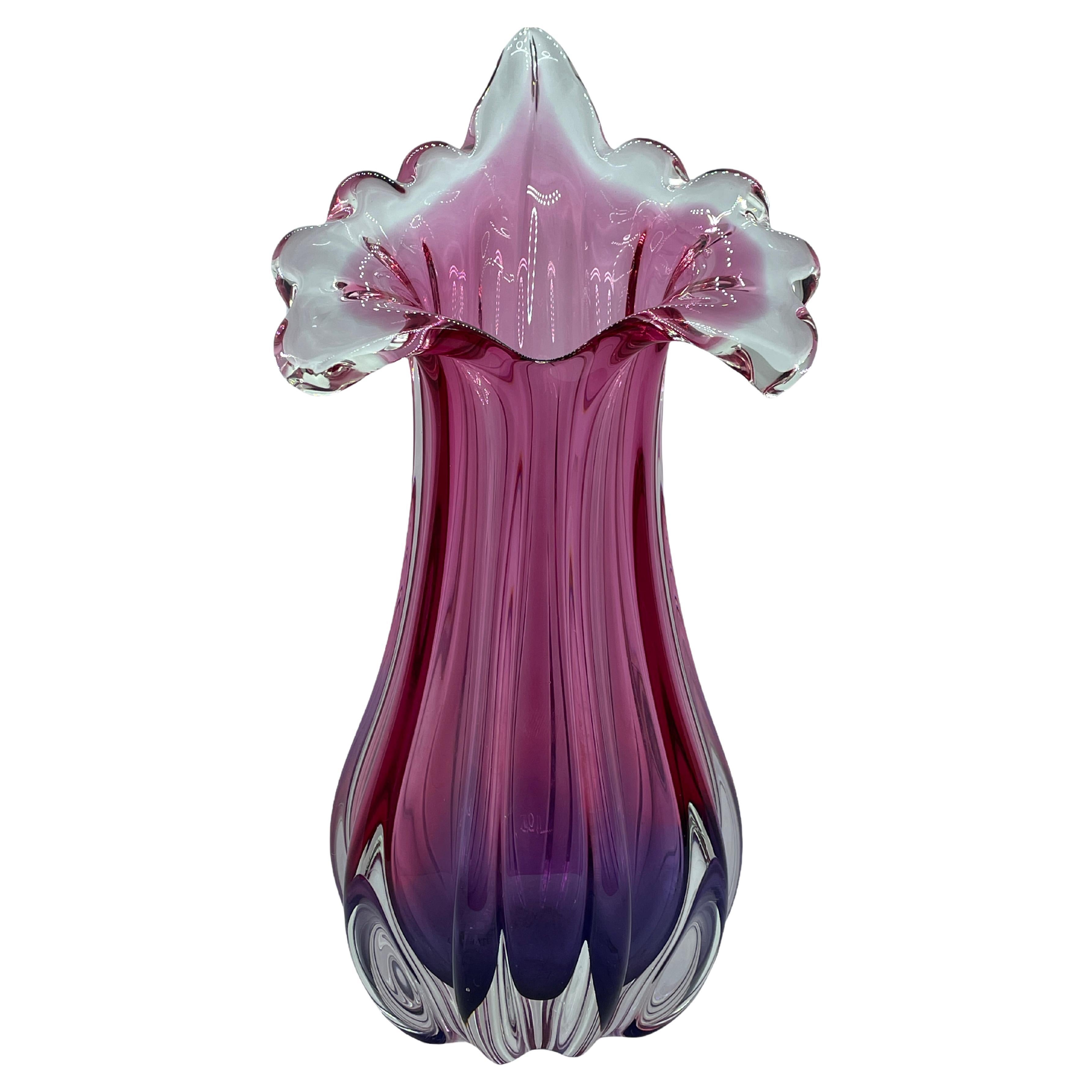 Pink Purple Clear Sommerso Art Glass Vase Object Sculpture Murano, Italy, 1970s