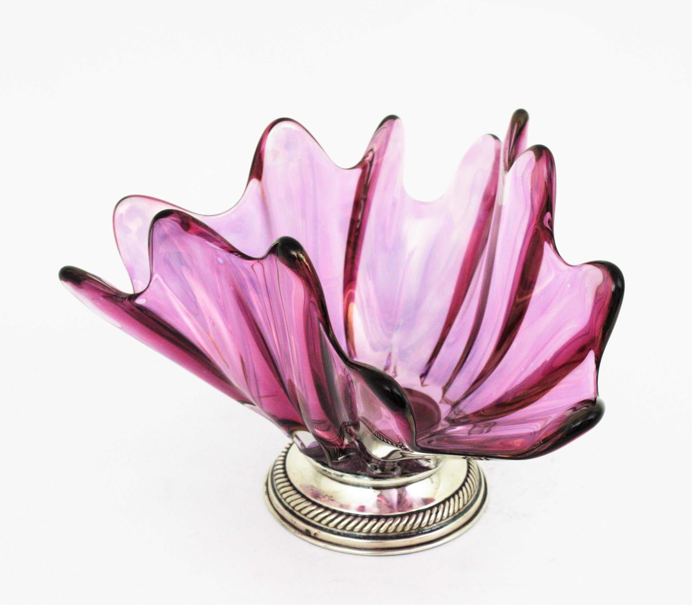 Pink Purple Iridiscent Murano Art Glass Centerpiece with Sterling Silver Base For Sale 1