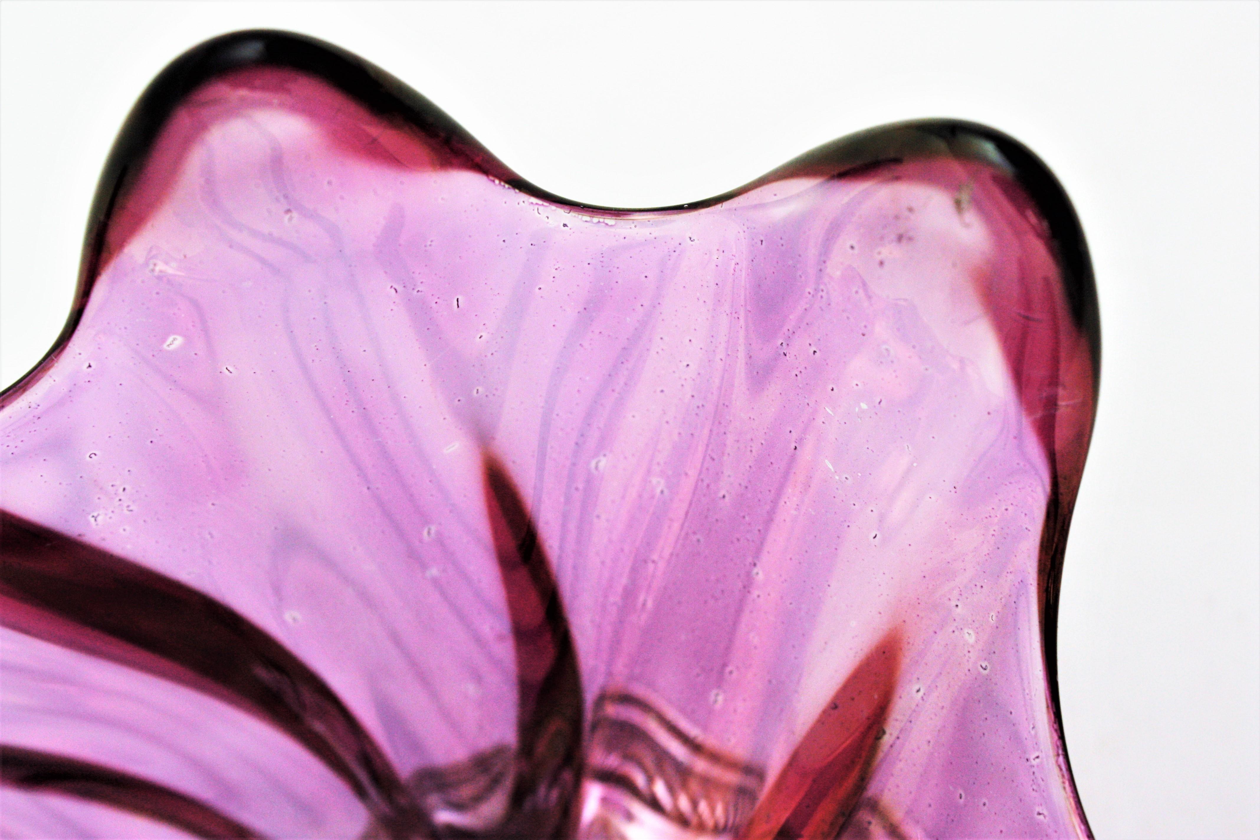 Pink Purple Iridiscent Murano Art Glass Centerpiece with Sterling Silver Base For Sale 2