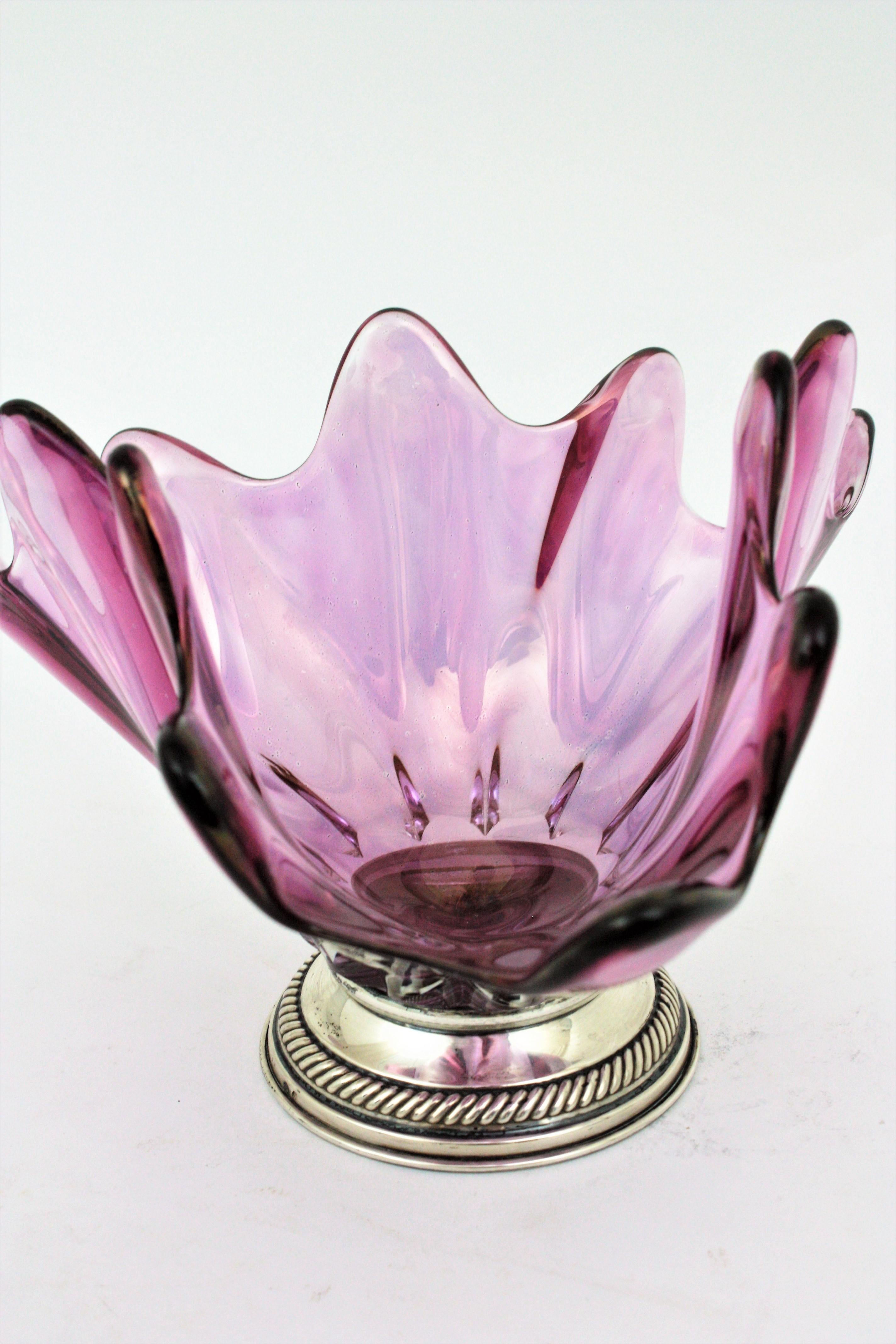 Pink Purple Iridiscent Murano Art Glass Centerpiece with Sterling Silver Base For Sale 3