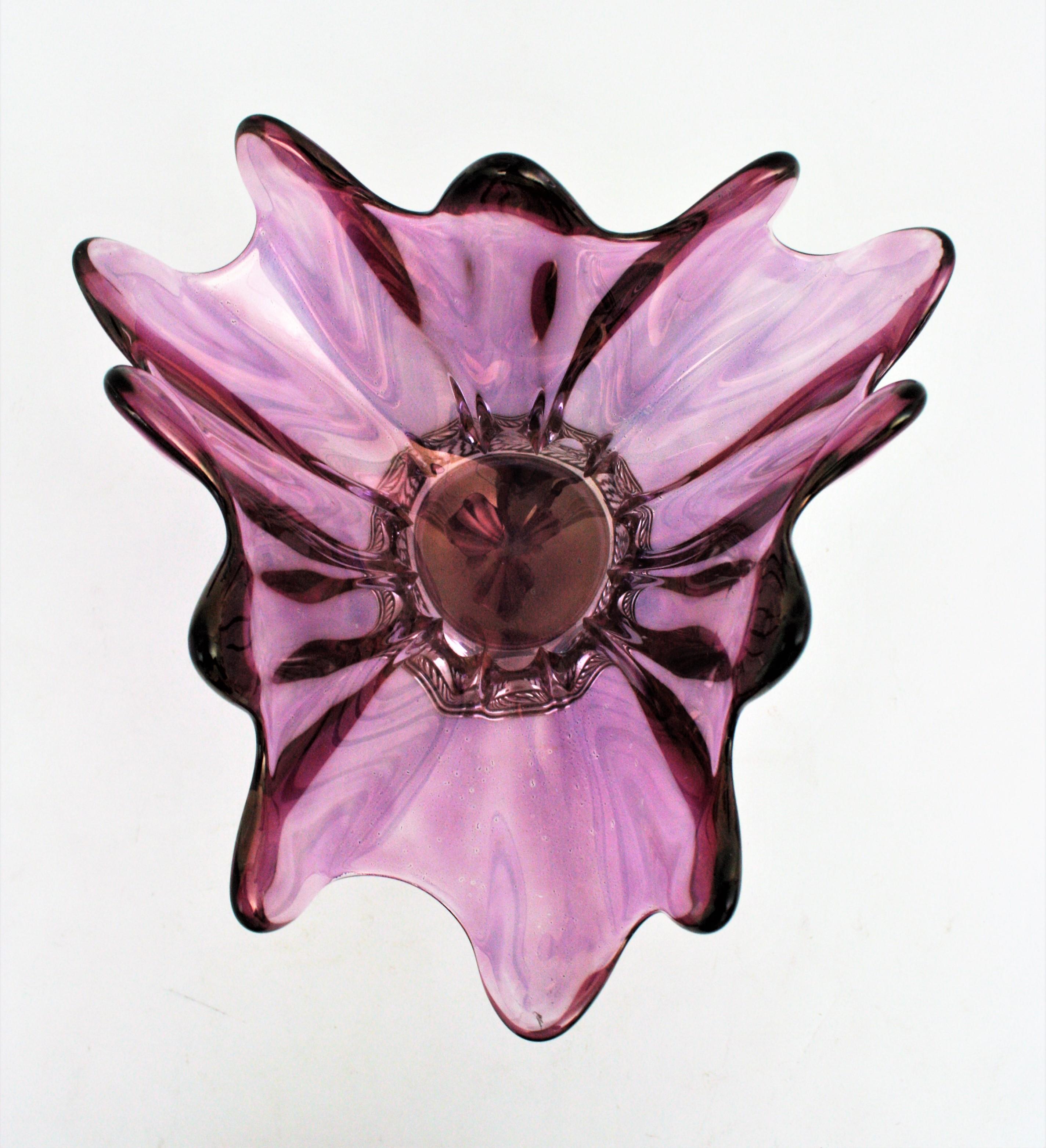Pink Purple Iridiscent Murano Art Glass Centerpiece with Sterling Silver Base For Sale 4