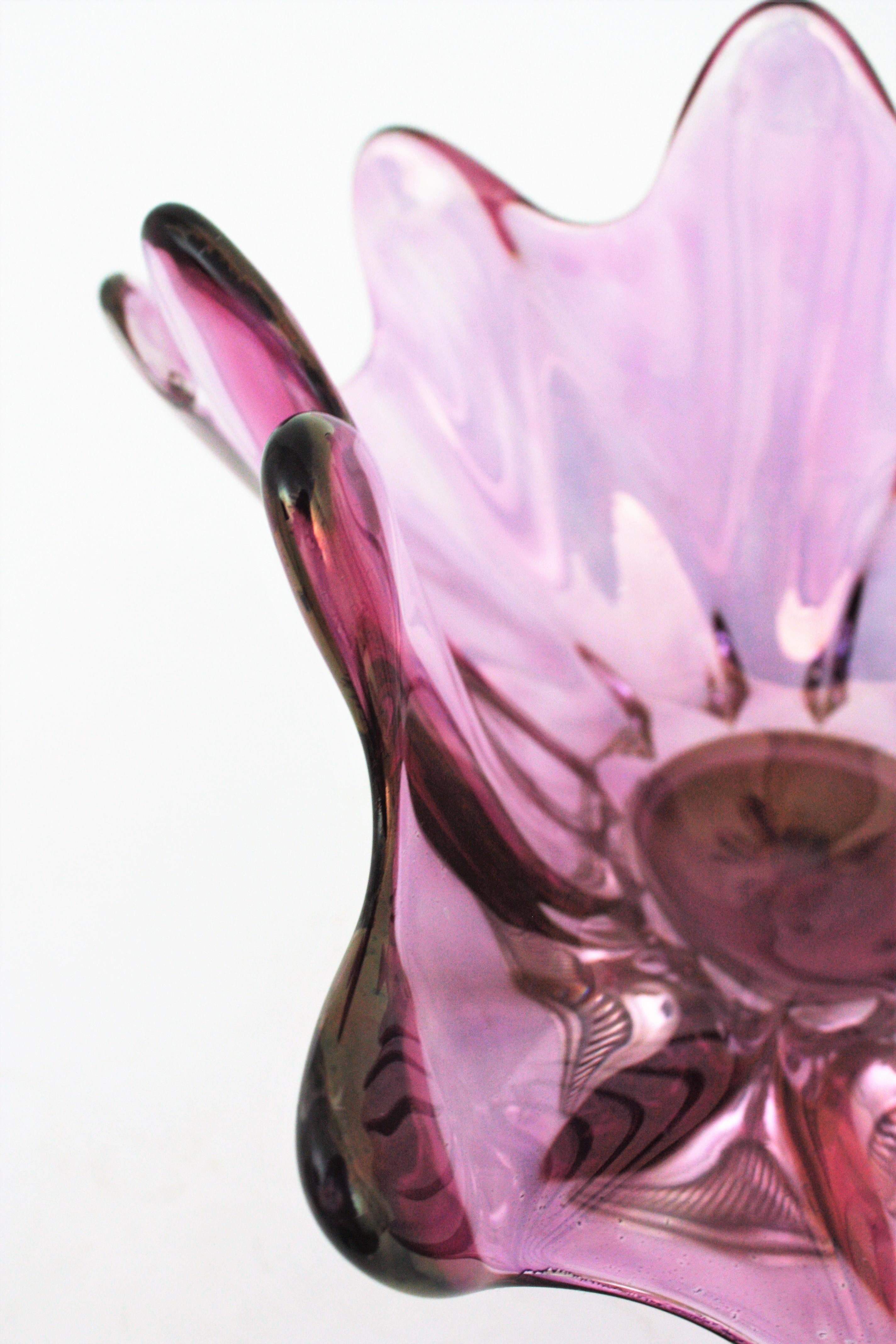 Pink Purple Iridiscent Murano Art Glass Centerpiece with Sterling Silver Base For Sale 6