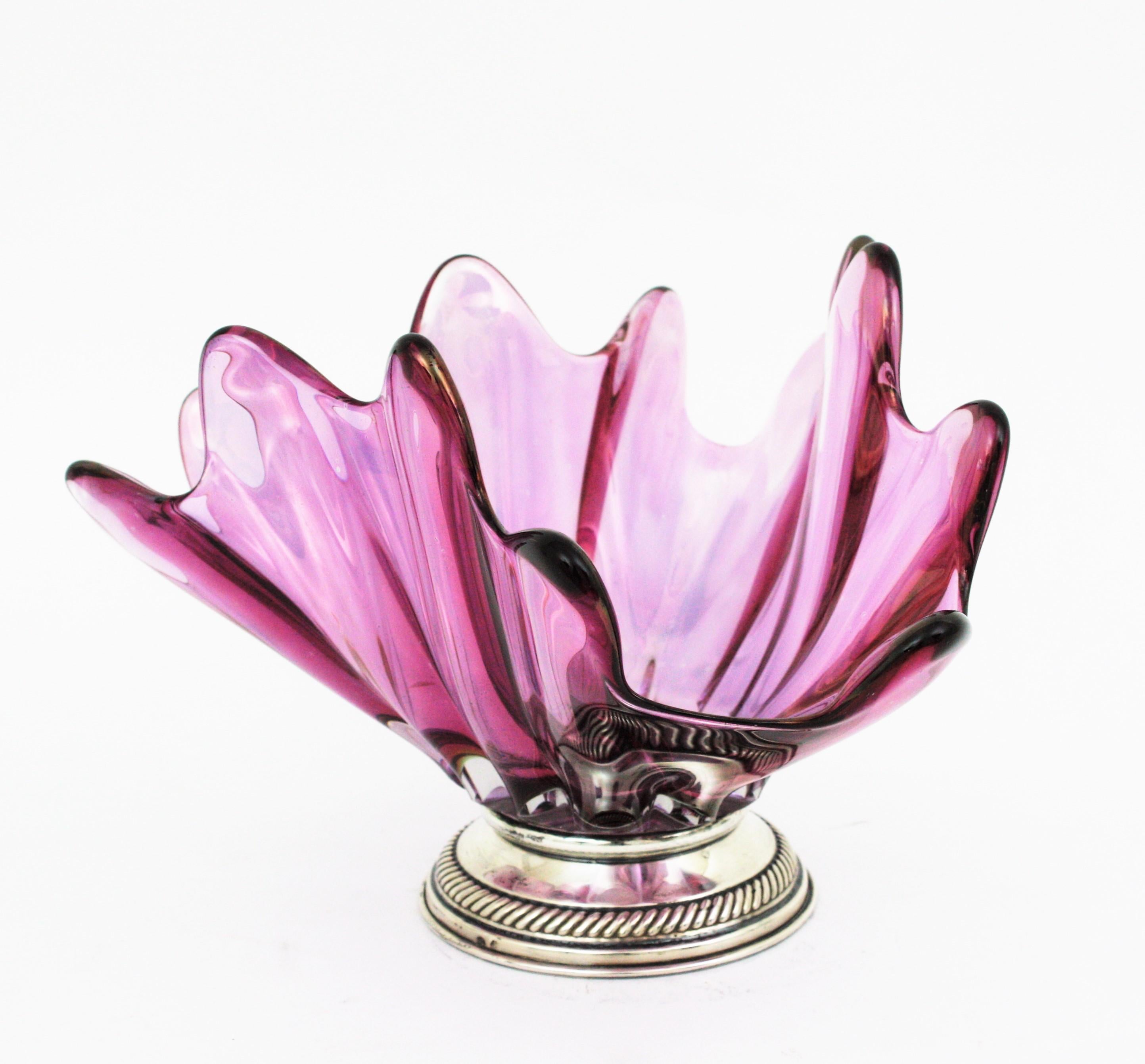 Italian Pink Purple Iridiscent Murano Art Glass Centerpiece with Sterling Silver Base For Sale
