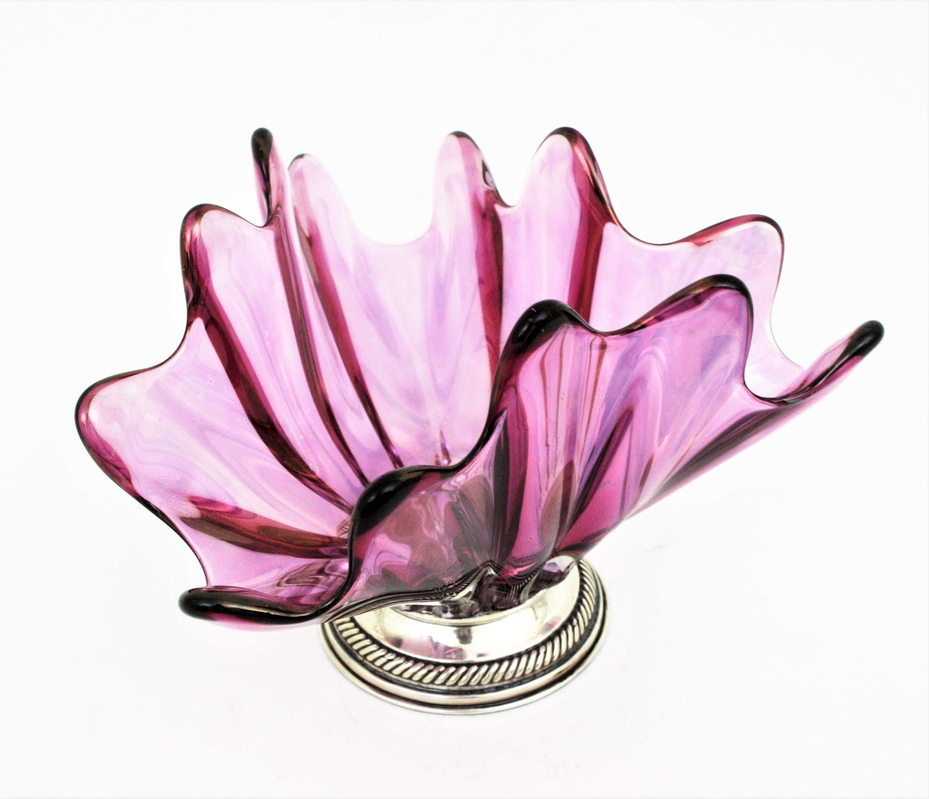 Hand-Crafted Pink Purple Iridiscent Murano Art Glass Centerpiece with Sterling Silver Base For Sale