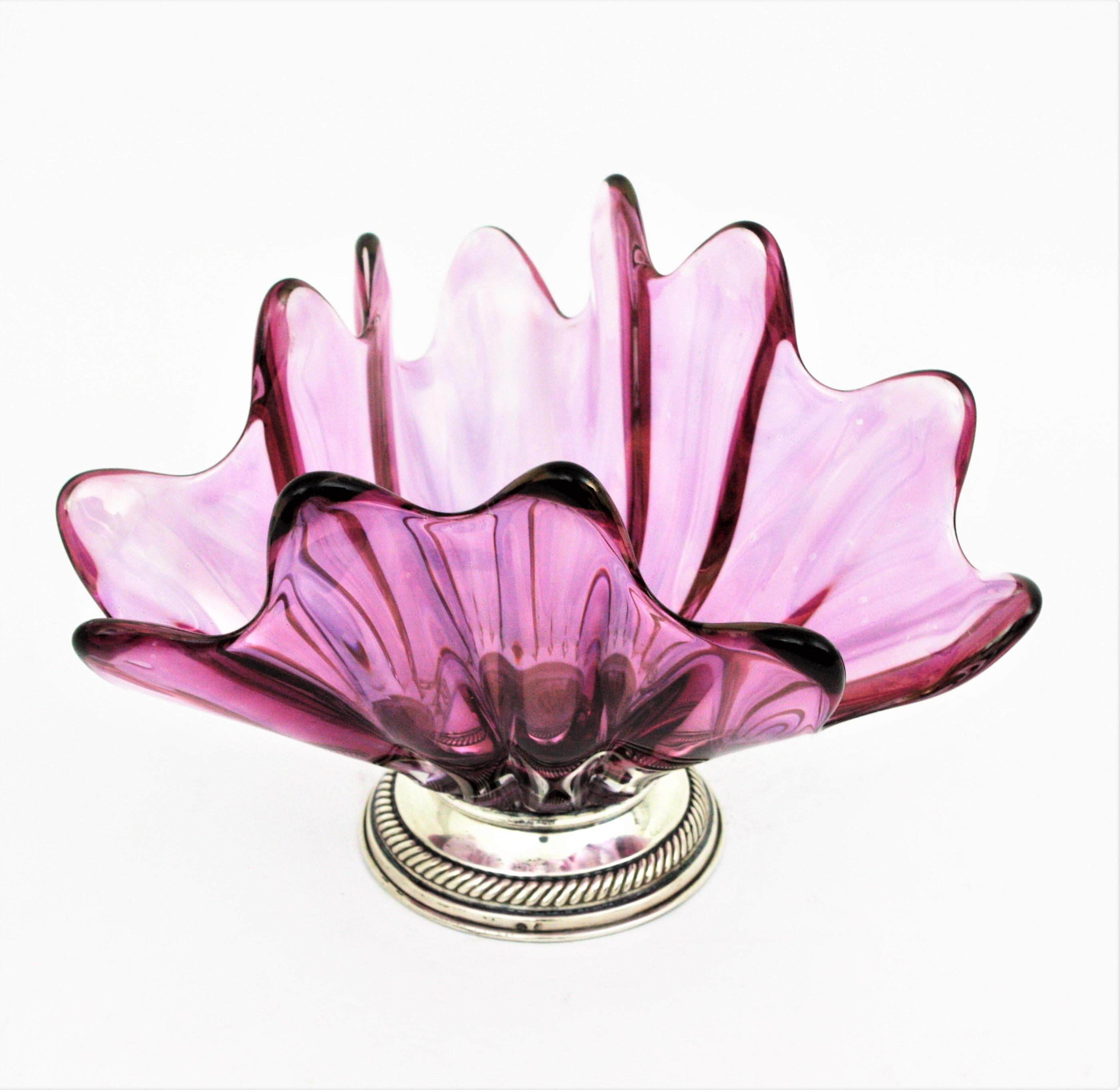 20th Century Pink Purple Iridiscent Murano Art Glass Centerpiece with Sterling Silver Base For Sale