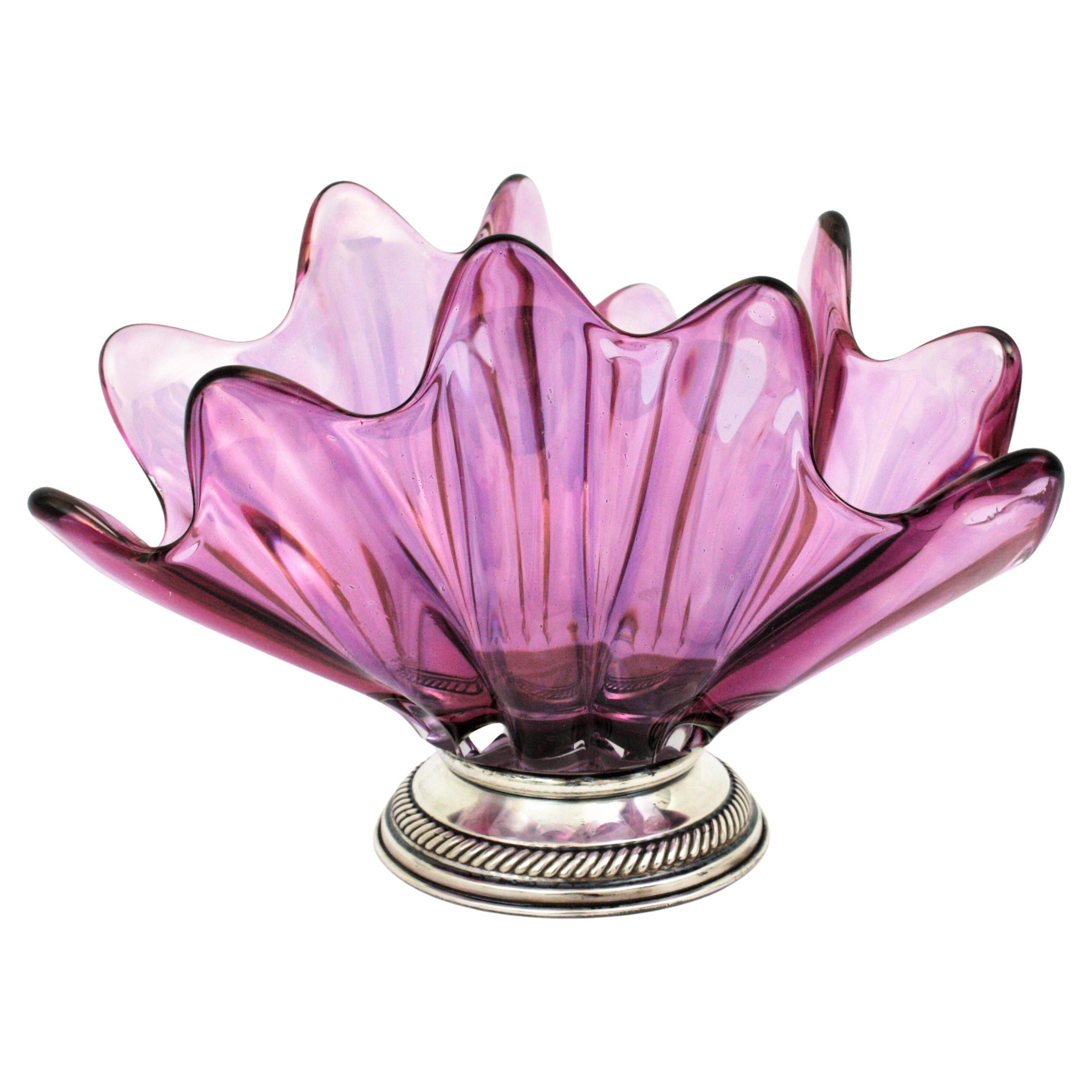 Pink Purple Iridiscent Murano Art Glass Centerpiece with Sterling Silver Base For Sale