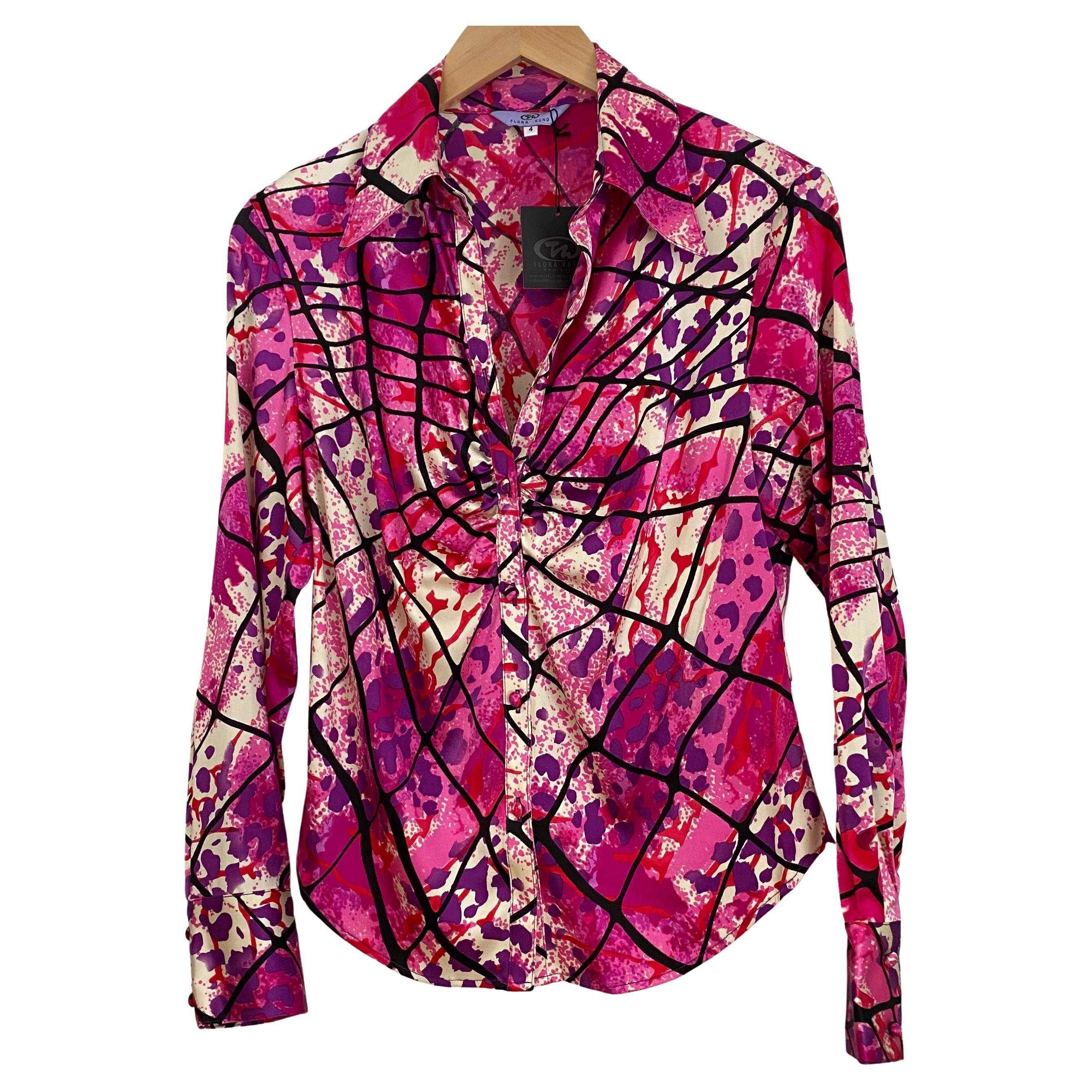 Pink Purple Print Flora Kung Button Down Silk Shirt Blouse - NWT