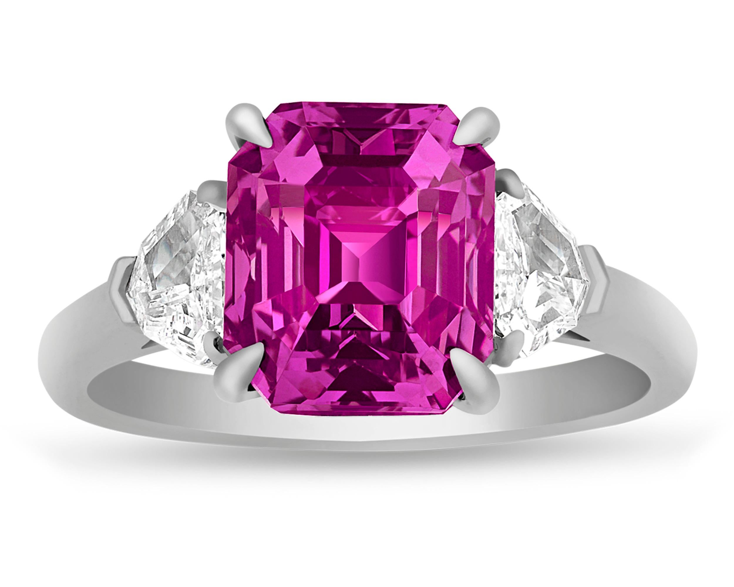 Emerald Cut Pink-Purple Sapphire Ring, 5.02 Carats For Sale