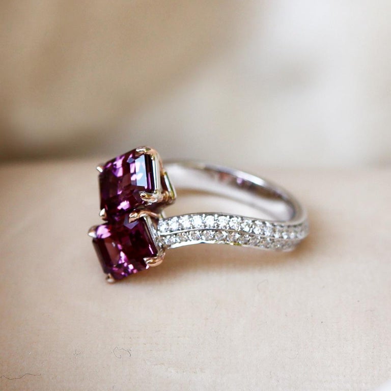 Emerald Cut Pink Purple Spinel Diamond Toi Et Moi Ring