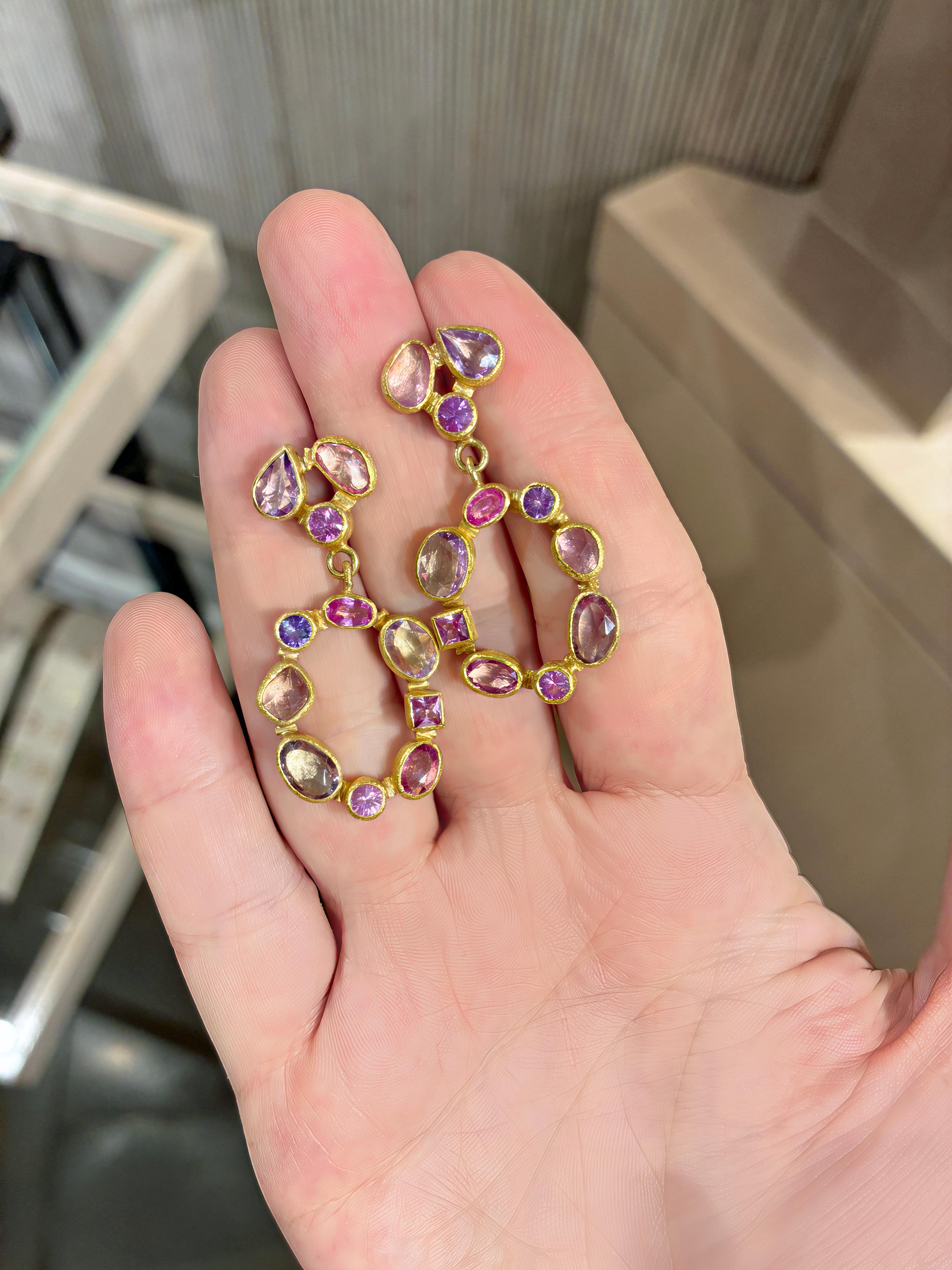One-of-a-Kind Mosaic Circle Drop Earrings handmade in signature-finished 22k yellow gold by master jewelry artist Petra Class featuring eleven stunning matched pairs of shimmering, brilliant-cut and rose-cut pink and purple sapphires of assorted