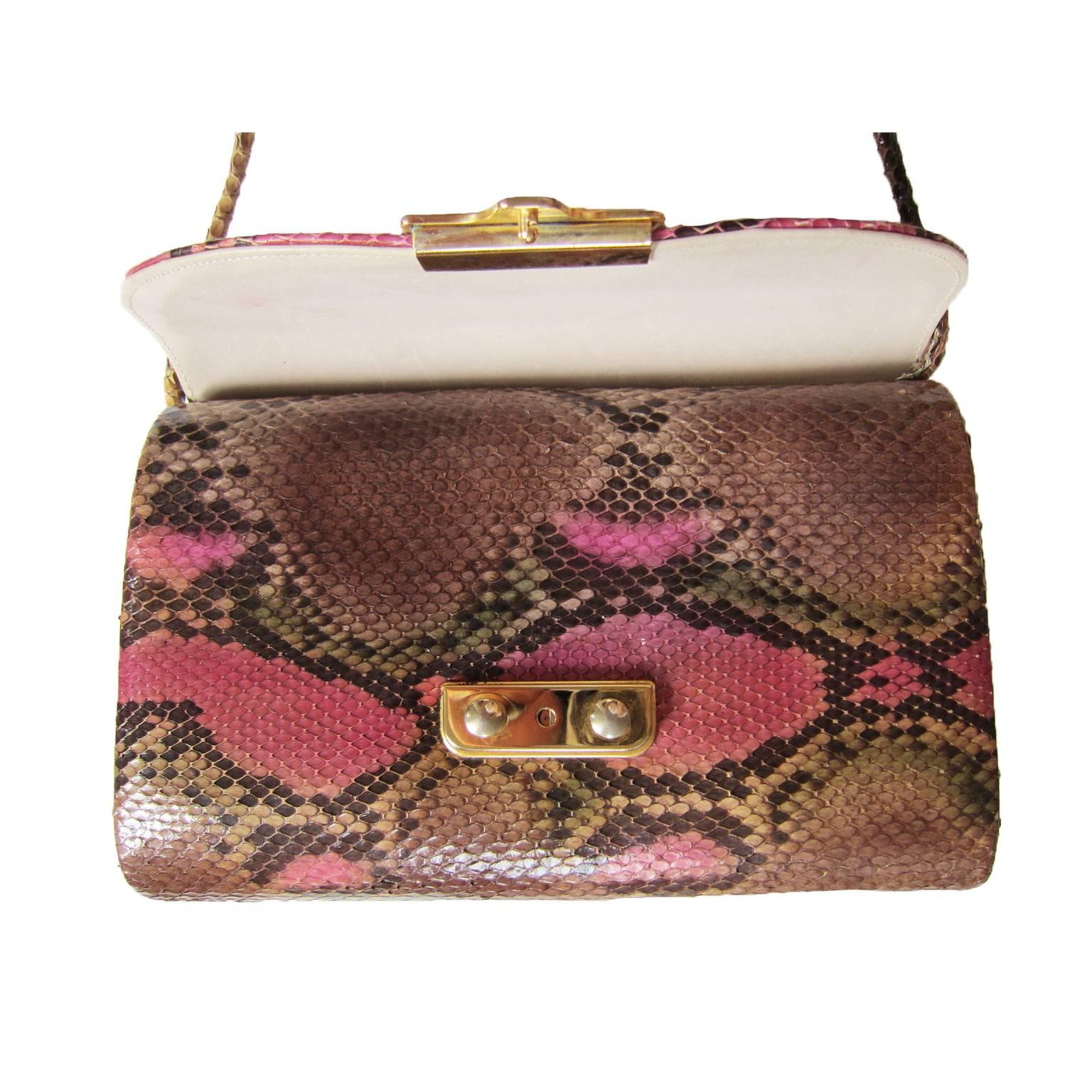 Pink Python Vintage Shoulder Leather Purse Bag 1970's For Sale 1