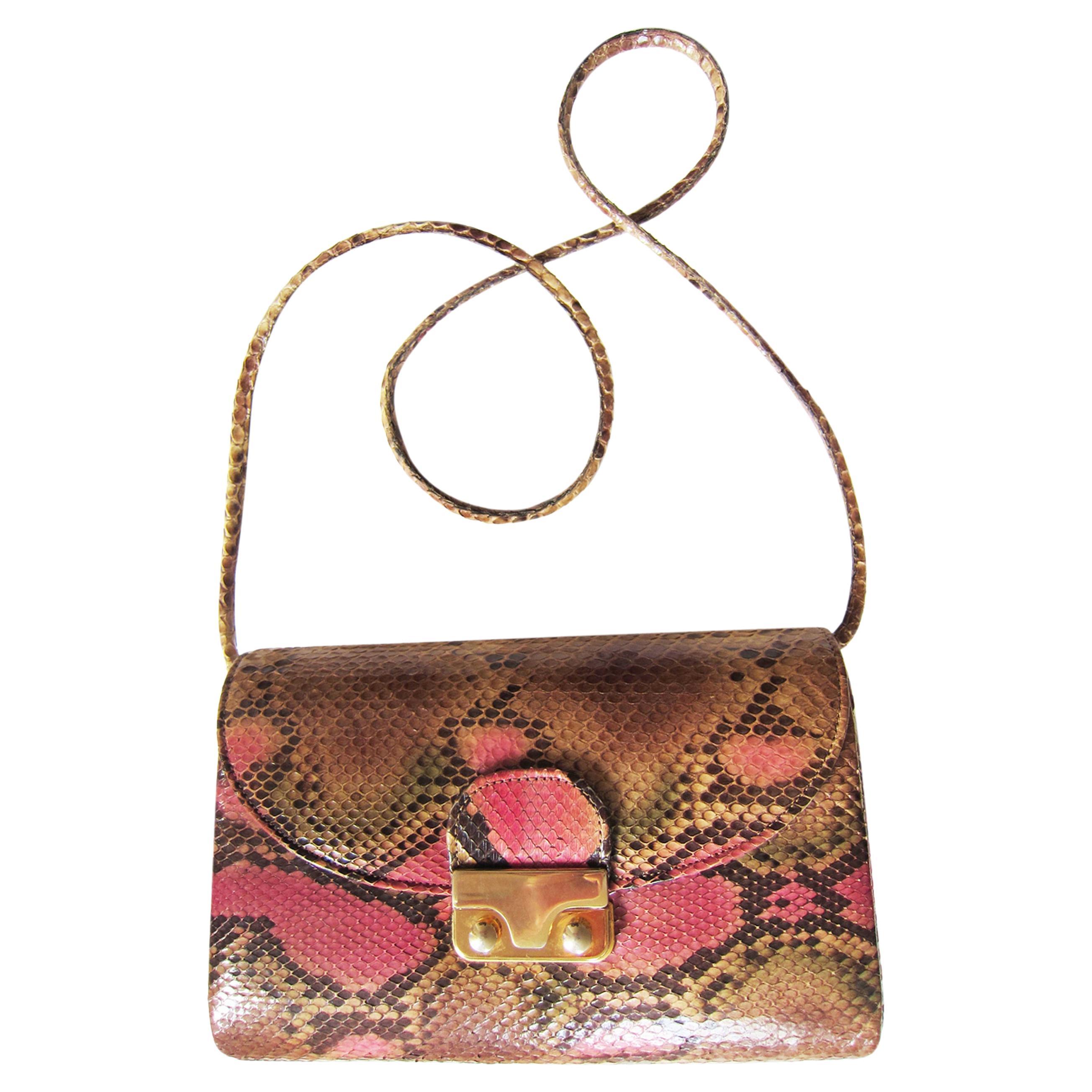 Pink Python Vintage Shoulder Leather Purse Bag 1970's For Sale
