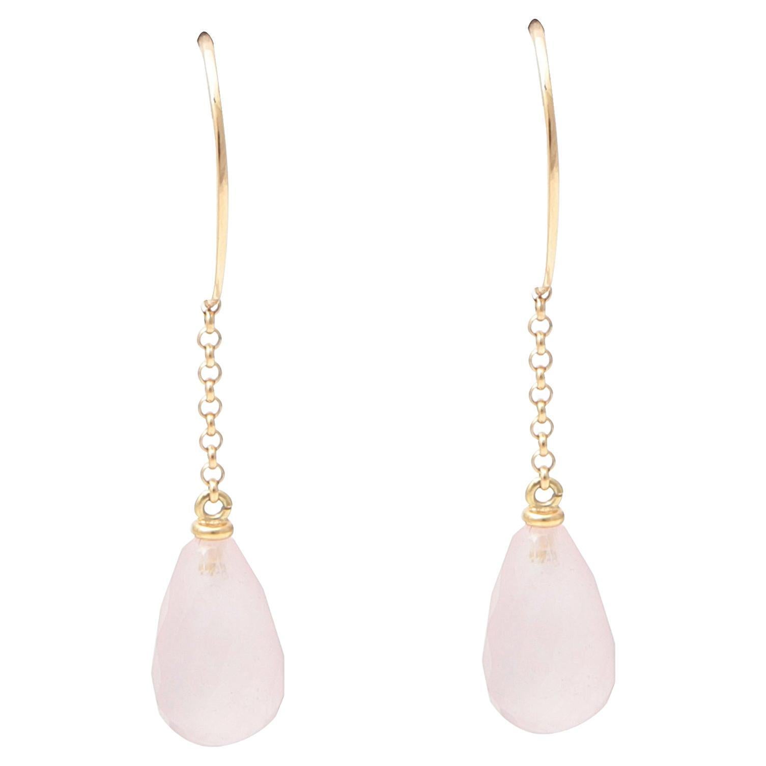 Boucles d'oreilles gouttes en quartz rose et or jaune 18K en vente