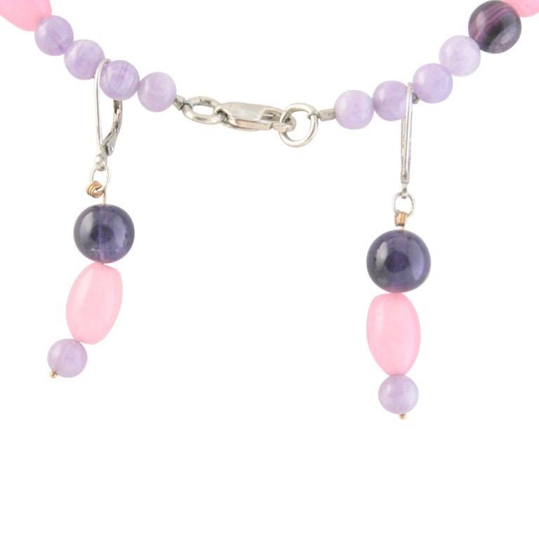 Modern Exolette Silver Amethyst Pendant or Pin on Pink Quartz Amethyst Necklace Suite For Sale