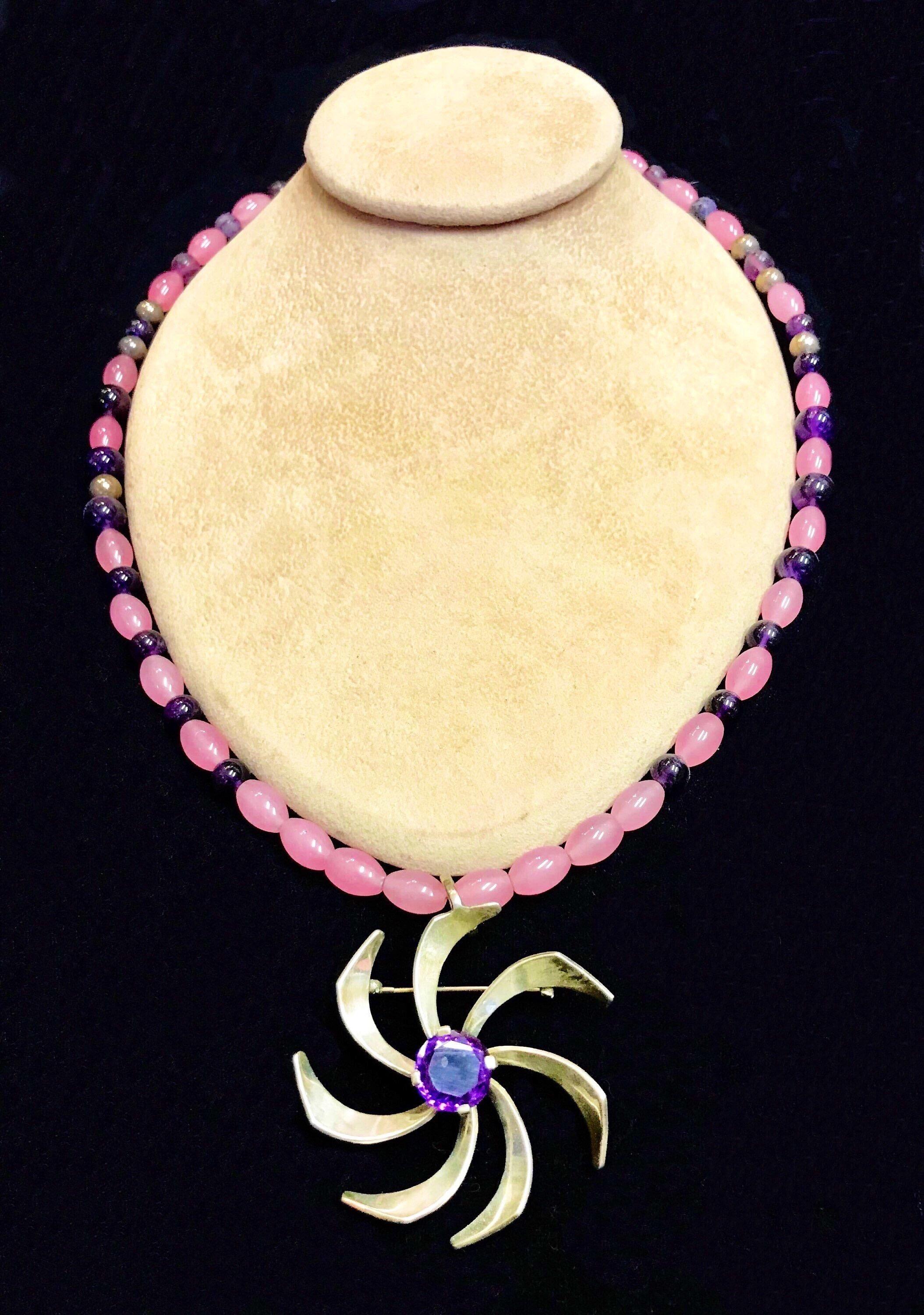 Women's Exolette Silver Amethyst Pendant or Pin on Pink Quartz Amethyst Necklace Suite For Sale