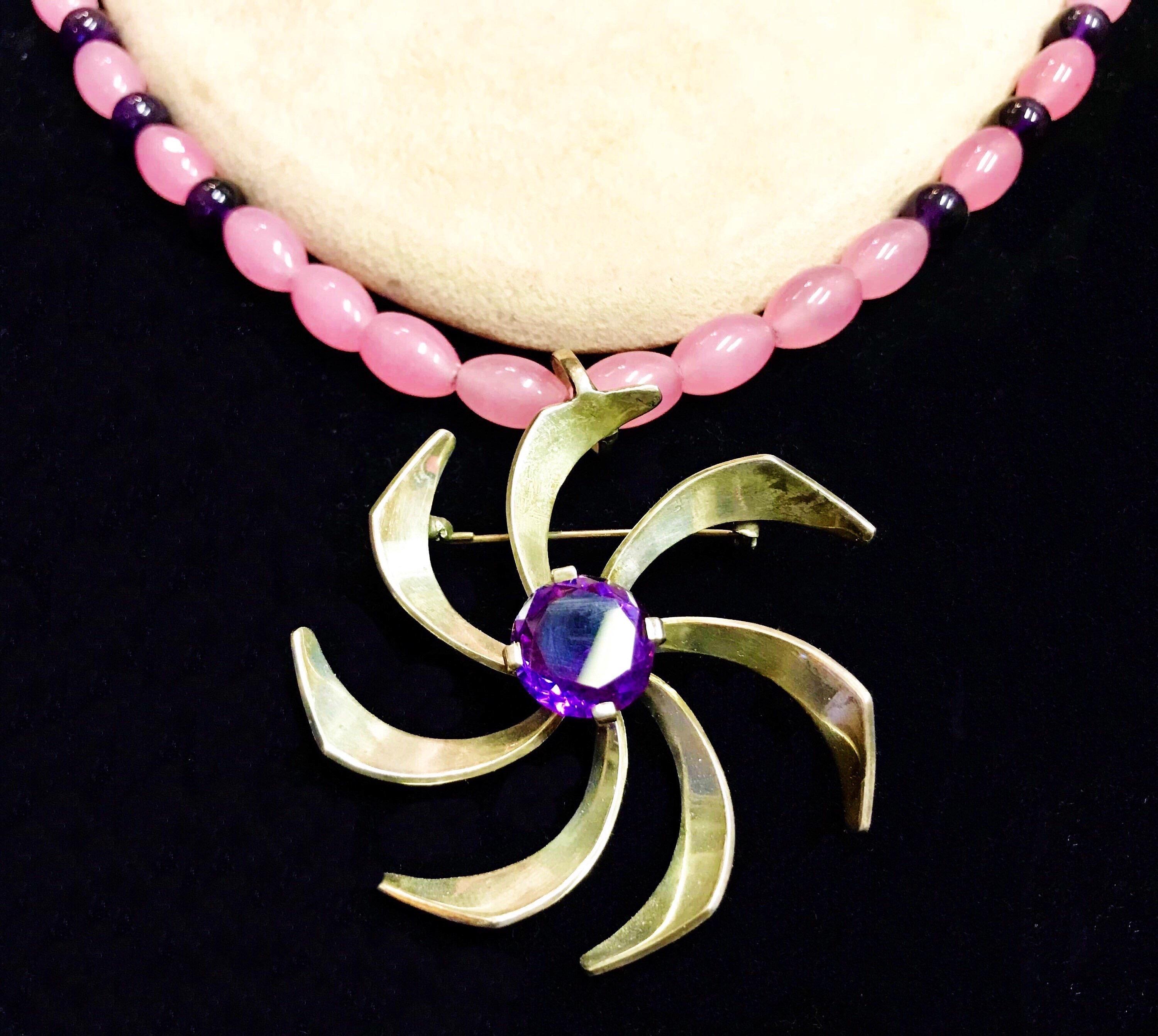 Exolette Silver Amethyst Pendant or Pin on Pink Quartz Amethyst Necklace Suite For Sale 1