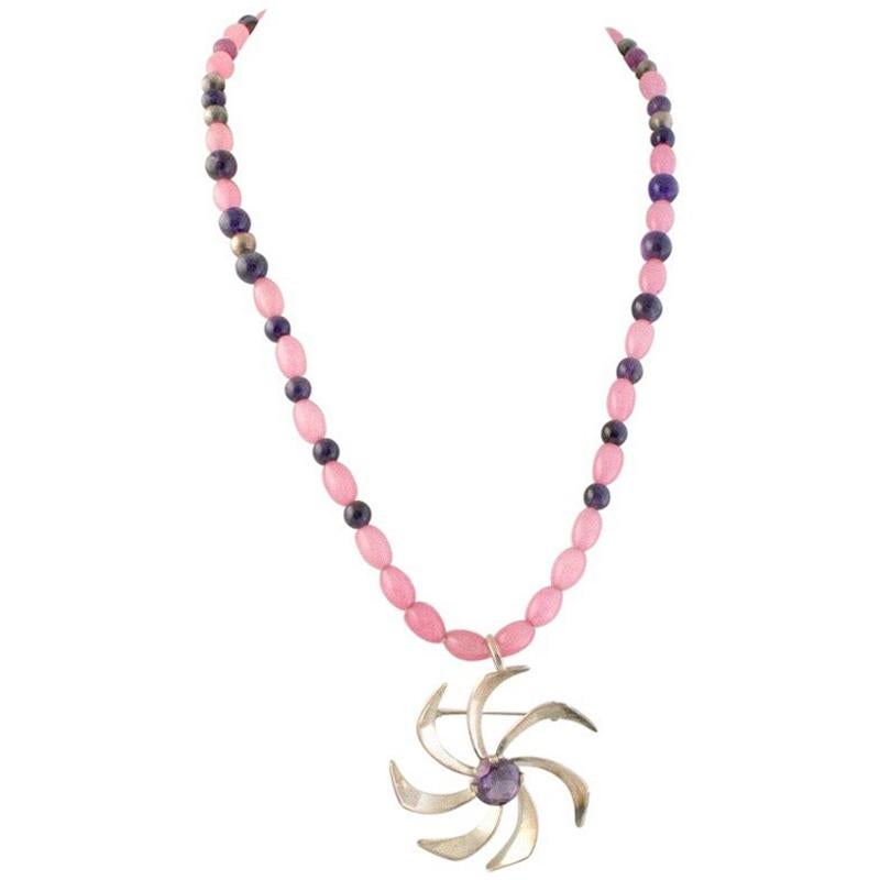 Exolette Silver Amethyst Pendant or Pin on Pink Quartz Amethyst Necklace Suite For Sale 2