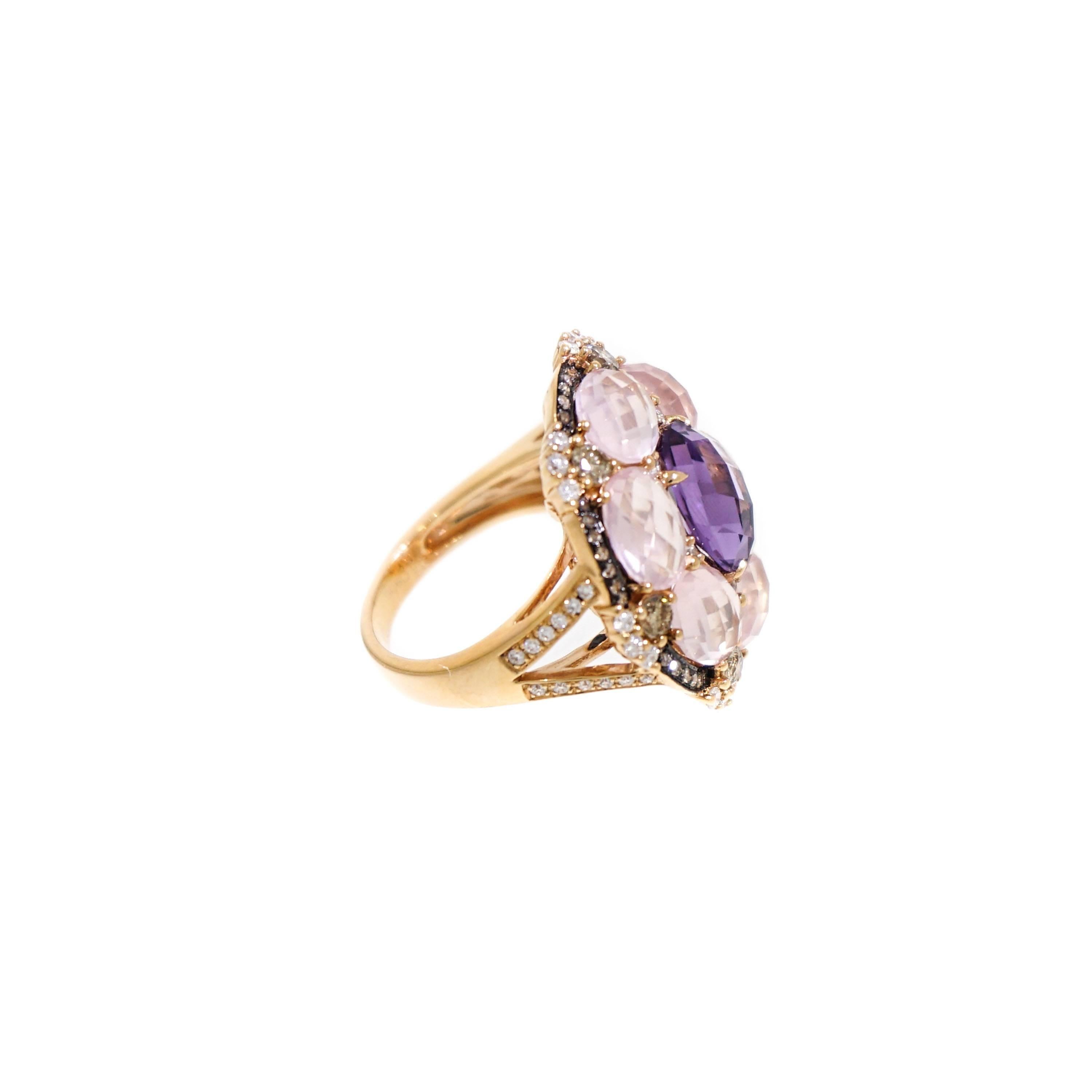 An icon of femininity, and elegance. This gorgeous ring is designed with 6 oval shaped faceted pink quartz and a beautiful oval amethyst in the center, carefully crafted in 18k rose gold, 48 white round diamonds, weighing approximately 0.45 carat,