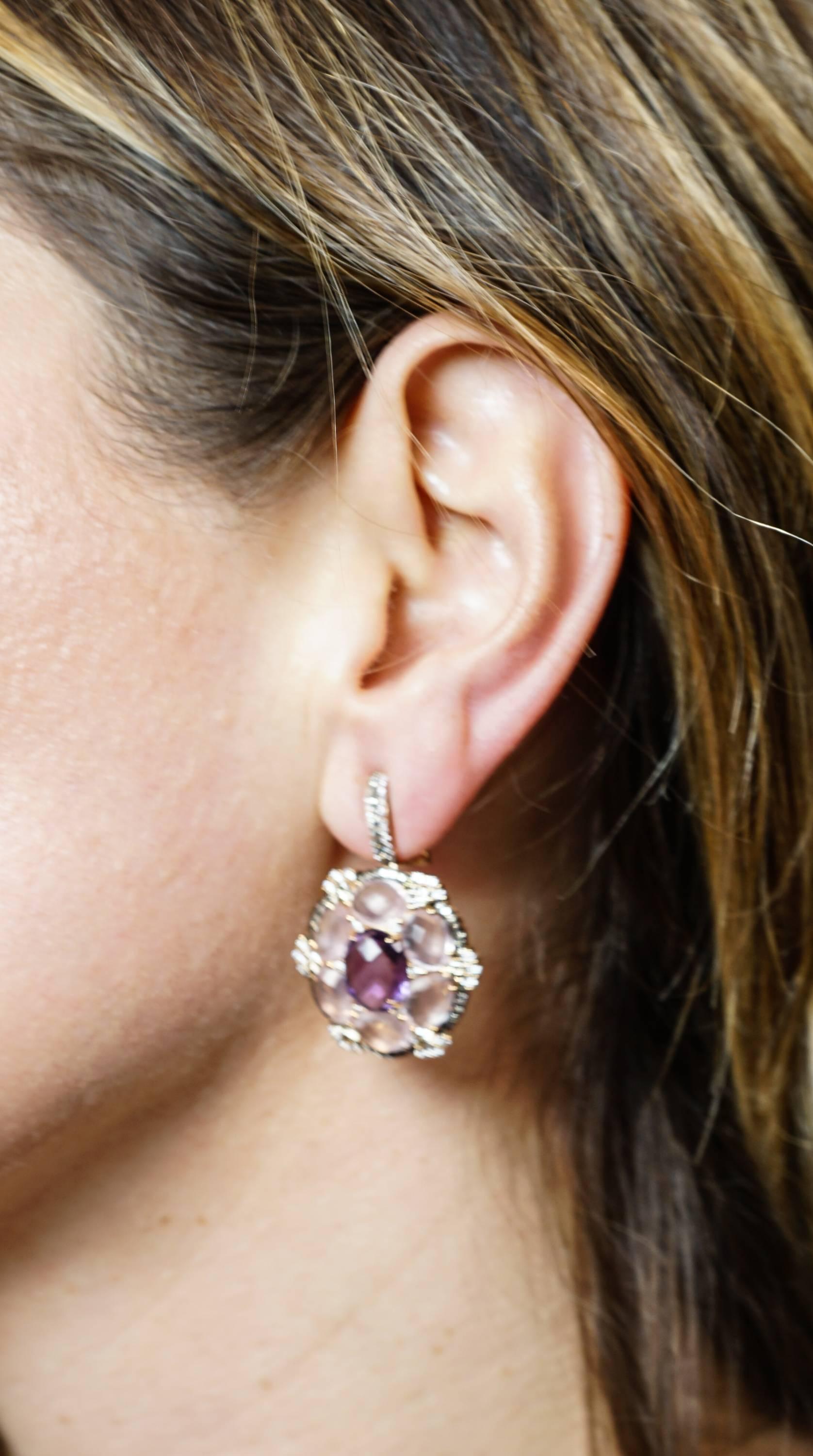 Pink Quartz and Amethyst Rose Gold Earrings In New Condition In Greenwich, CT