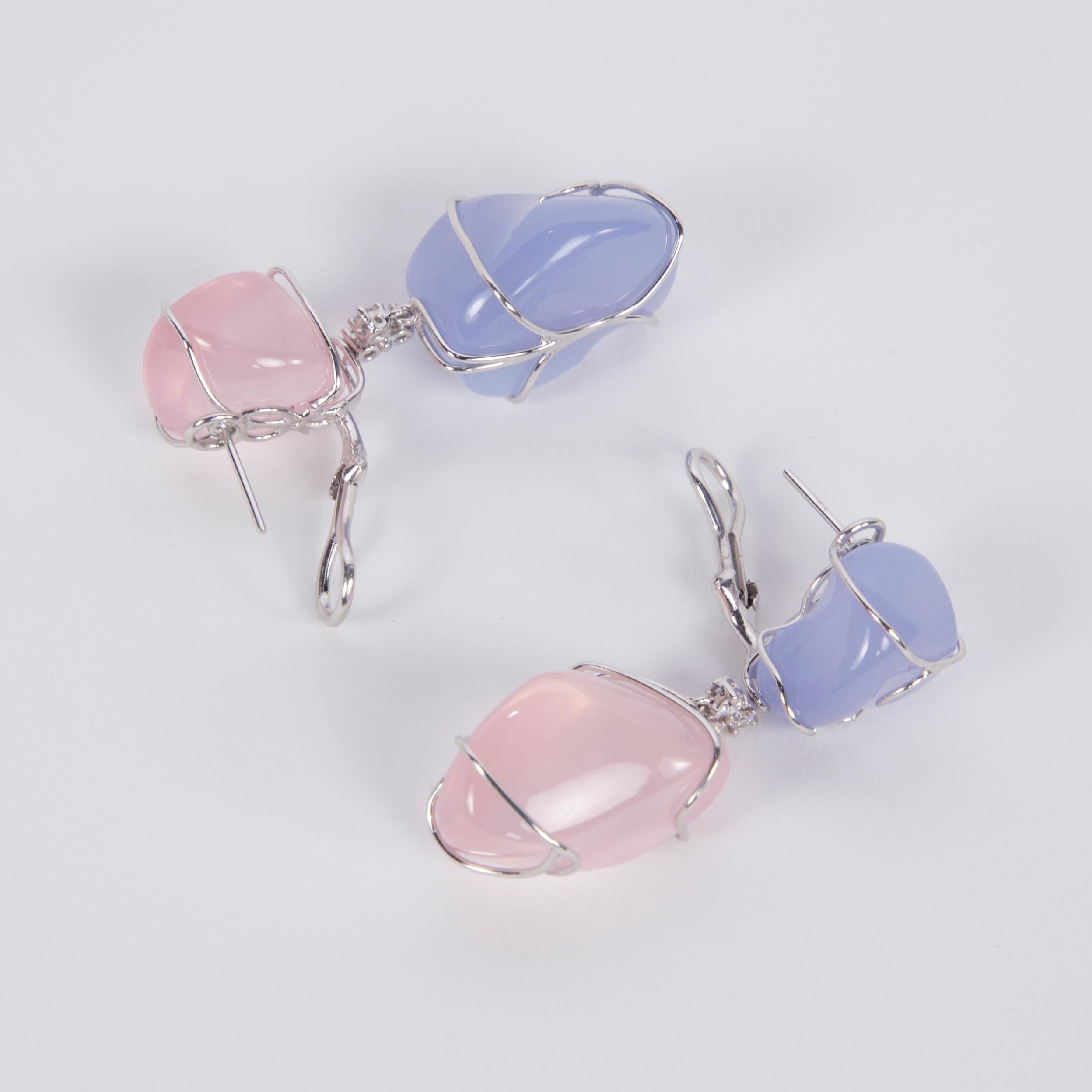 Fabulous Free-form Chalcedony and Pink Quartz Diamond Drop Earrings; hand crafted in 18k white gold; featuring 2 free-form cabochon Chalcedony 2 free-form cabochon Pink Quartz; each earring inter-spaced with 3 round brilliant cut Diamonds