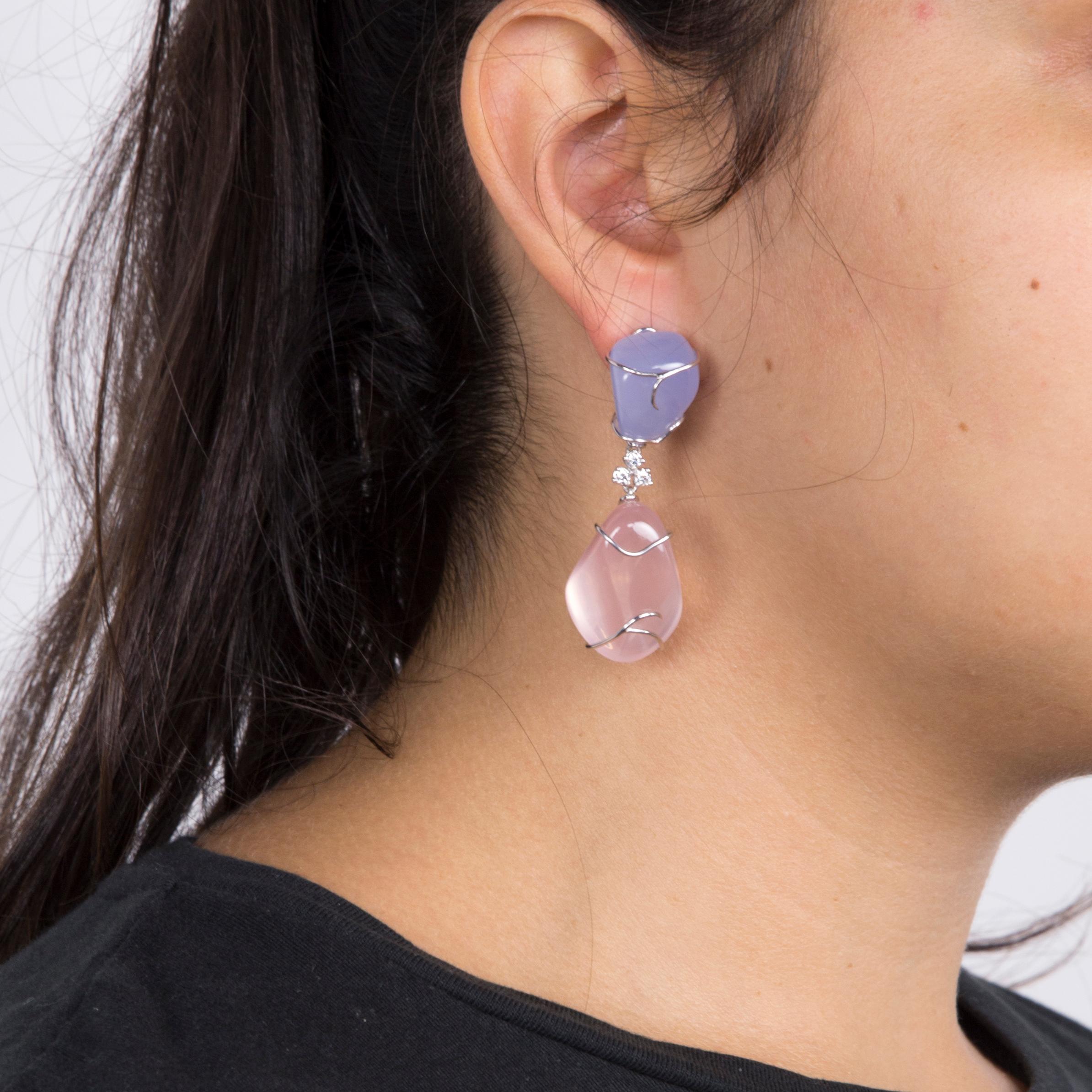 Modern Pink Quartz and Blue Chalcedony Diamond Statement Earrings For Sale