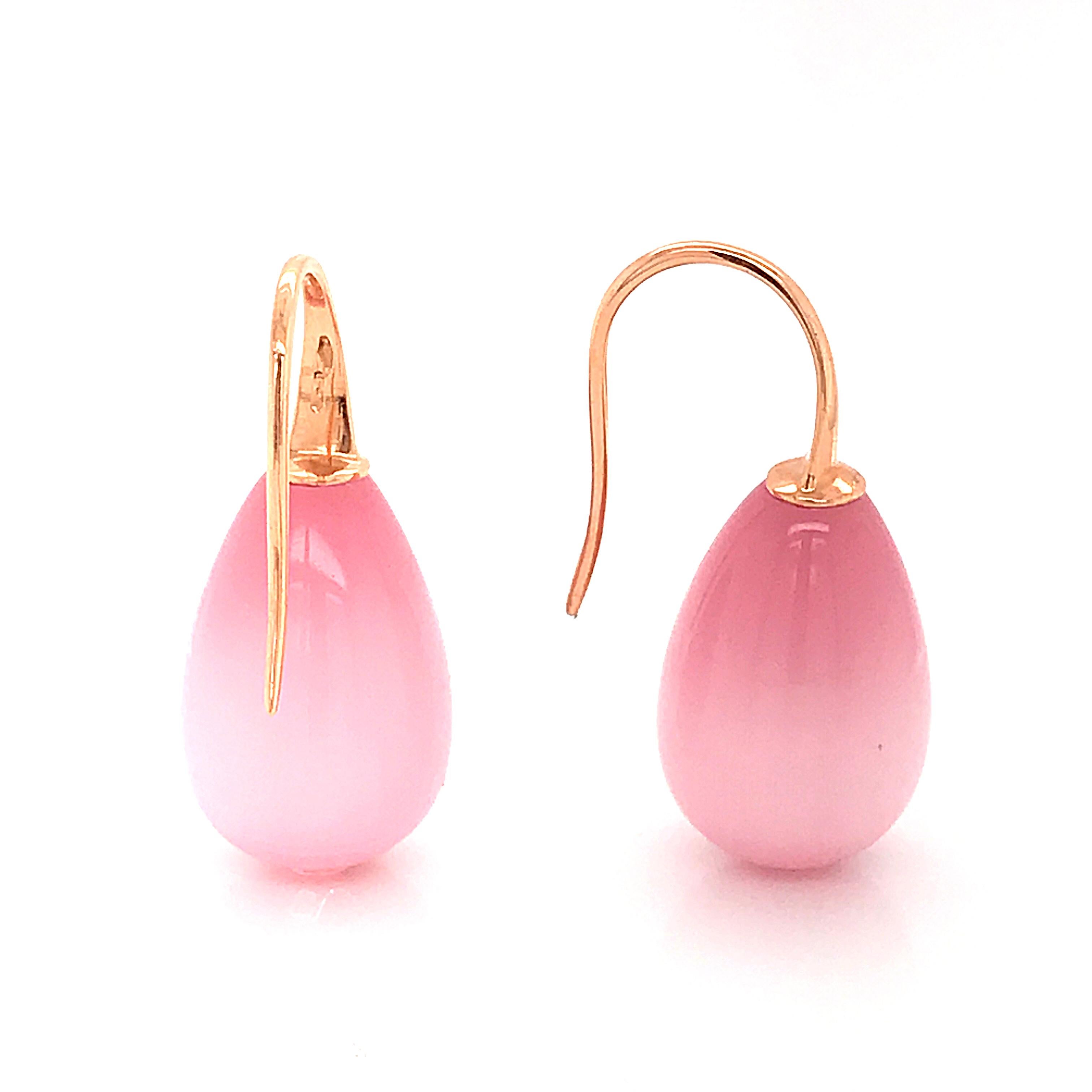 Women's or Men's Pink Quartz and Rose Gold 18 Karat Drop Earrings
