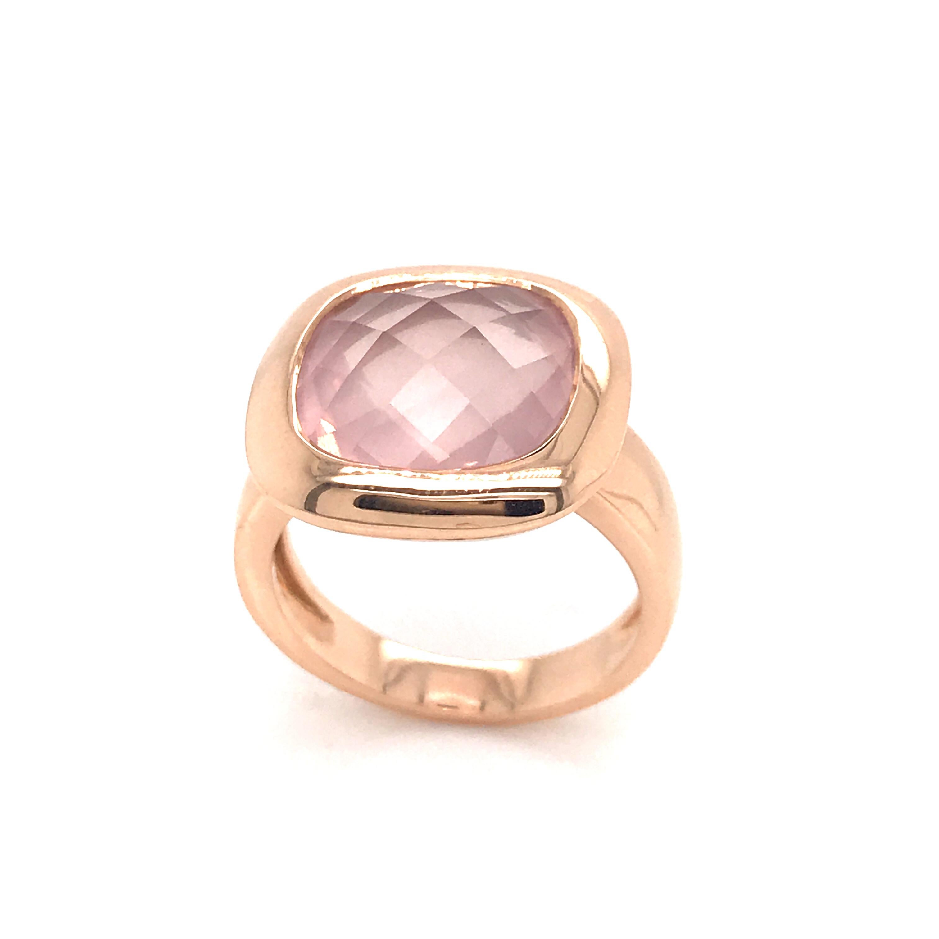 Pink Quartz and Rose Gold 18k Fashion Ring 
Pink Quartz Briolette Cut width 12 mm length 12 mm 
Us Size / 7
French Size / 53
Rose Gold 18 k weight 9.55