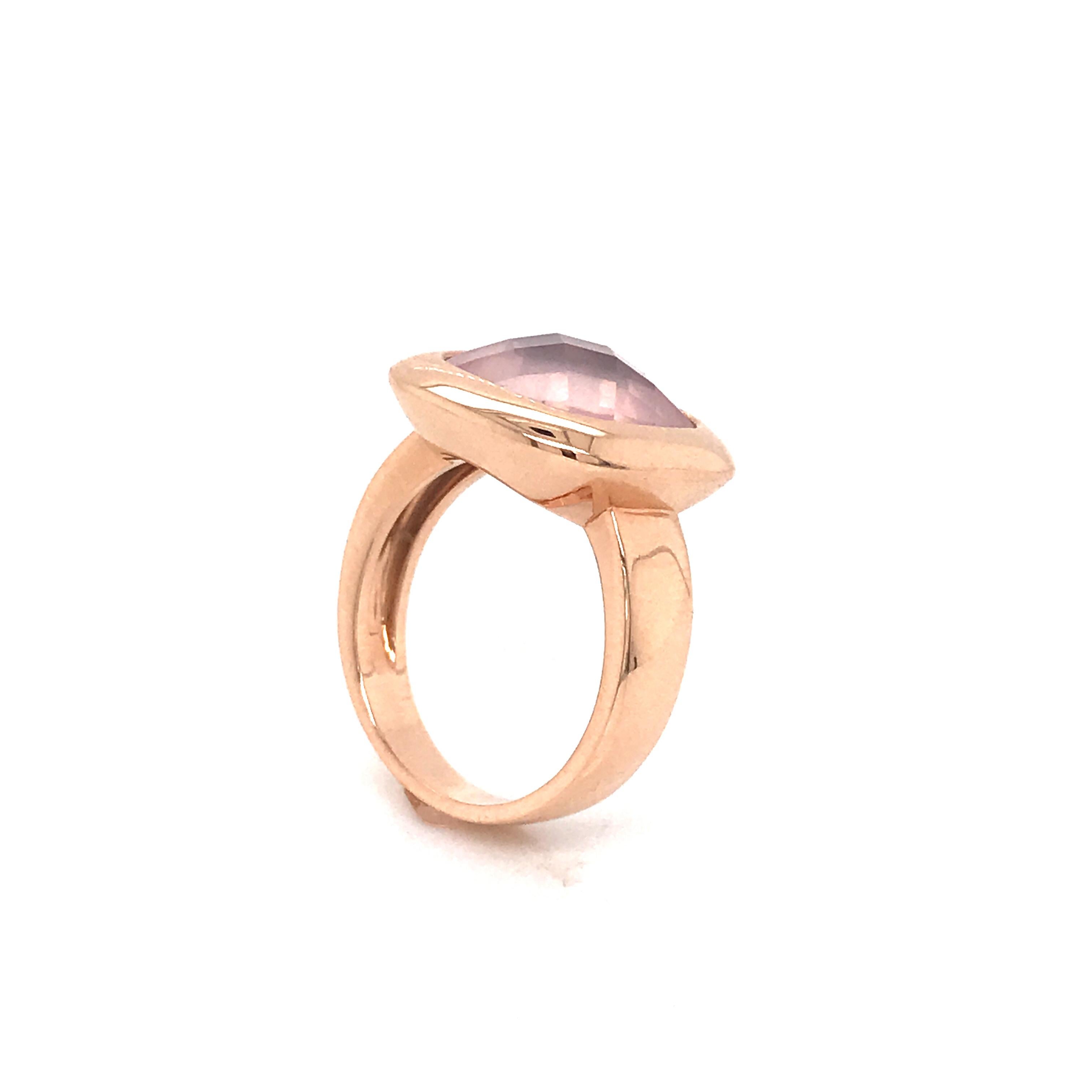Women's or Men's Pink Quartz Briolette Cut and Rose Gold 18 Karat Fashion Ring