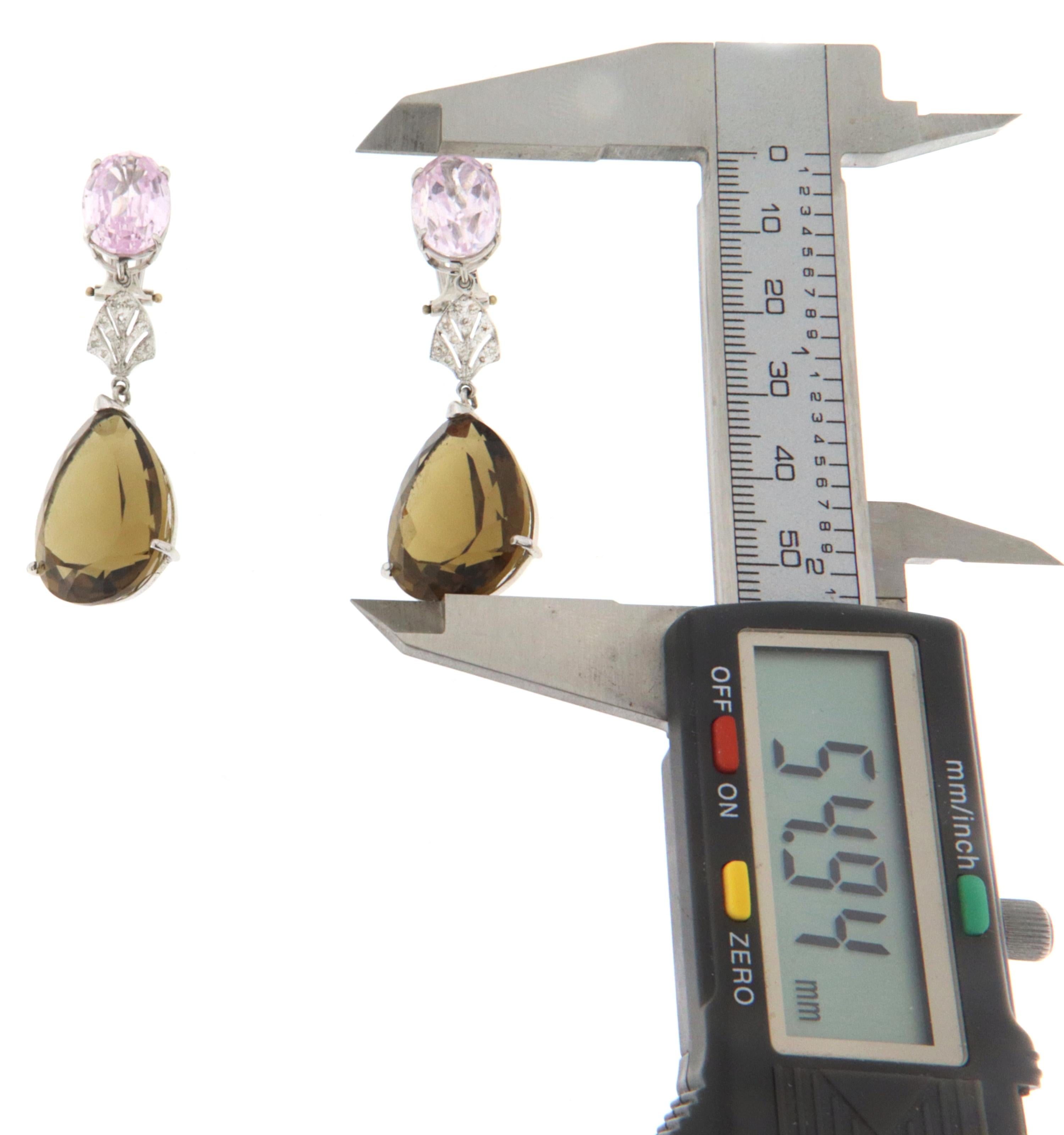 Artisan Pink Quartz Citrine Diamonds 18 Karat White Gold Drop Earrings For Sale