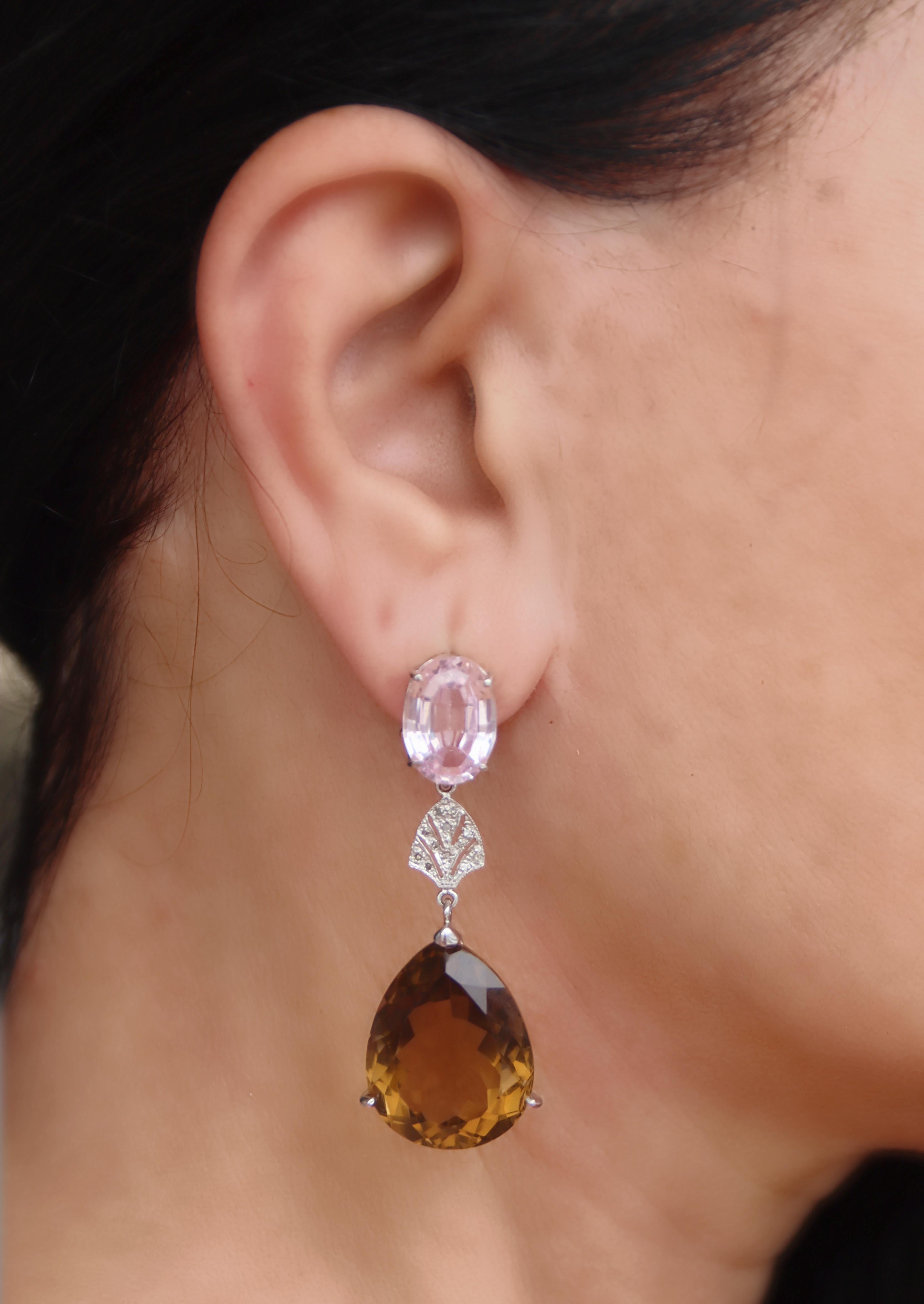 Brilliant Cut Pink Quartz Citrine Diamonds 18 Karat White Gold Drop Earrings For Sale